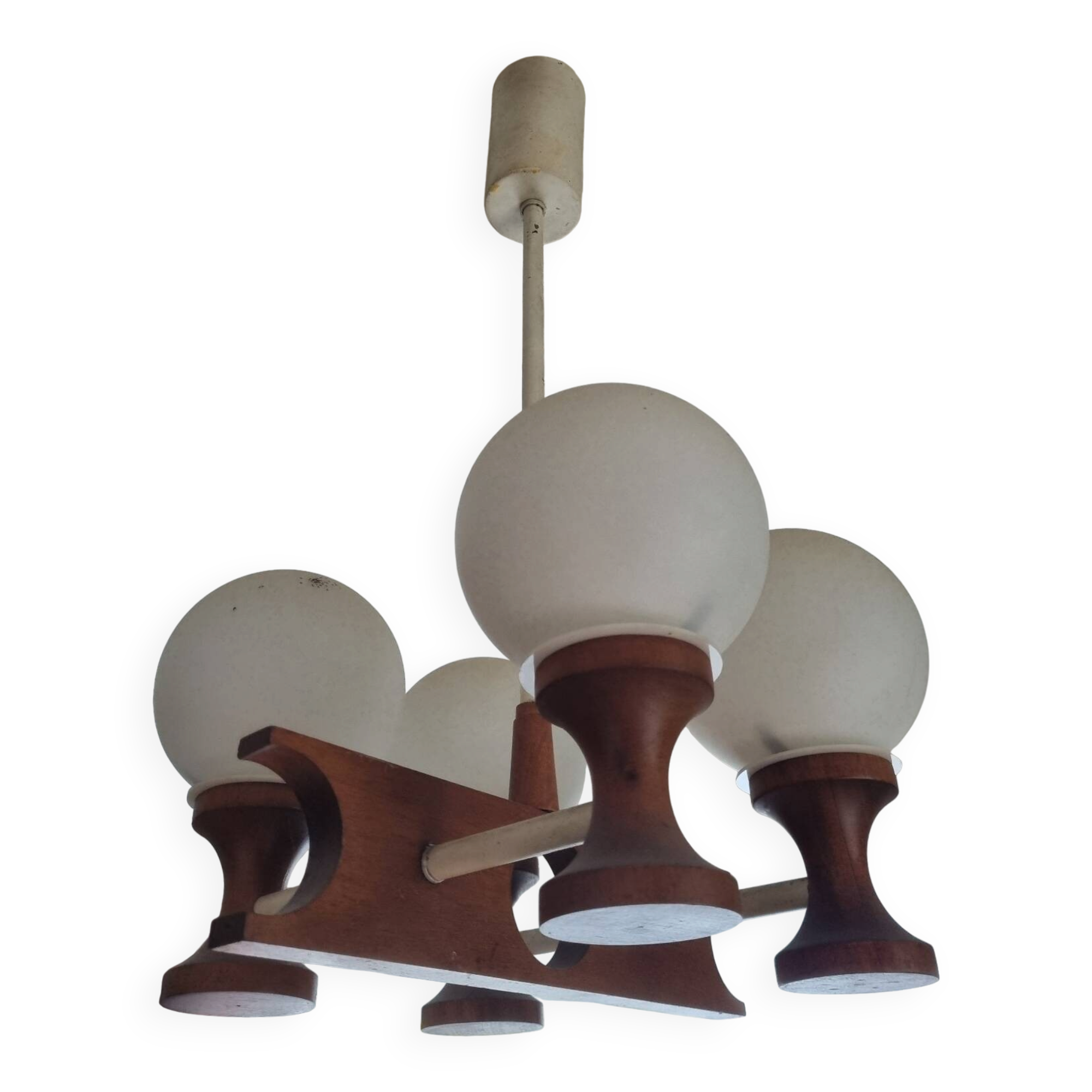 1960s Scandinavian chandelier, teak and white opaline.