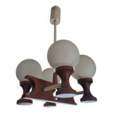 1960s Scandinavian chandelier, teak and white opaline.