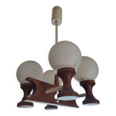 1960s Scandinavian chandelier, teak and white opaline.