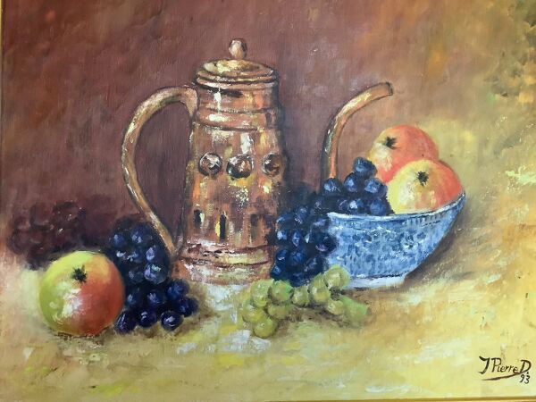 Tableau nature morte dédicacée huile sur toile signée