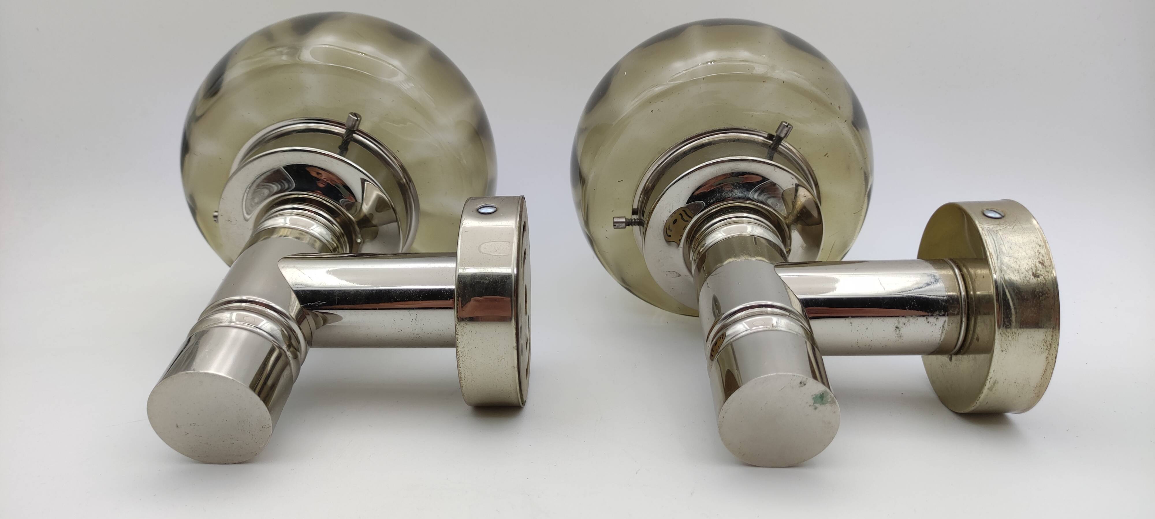 2 Sconces in nickel-plated brass and smoked glass, Scoliari style
