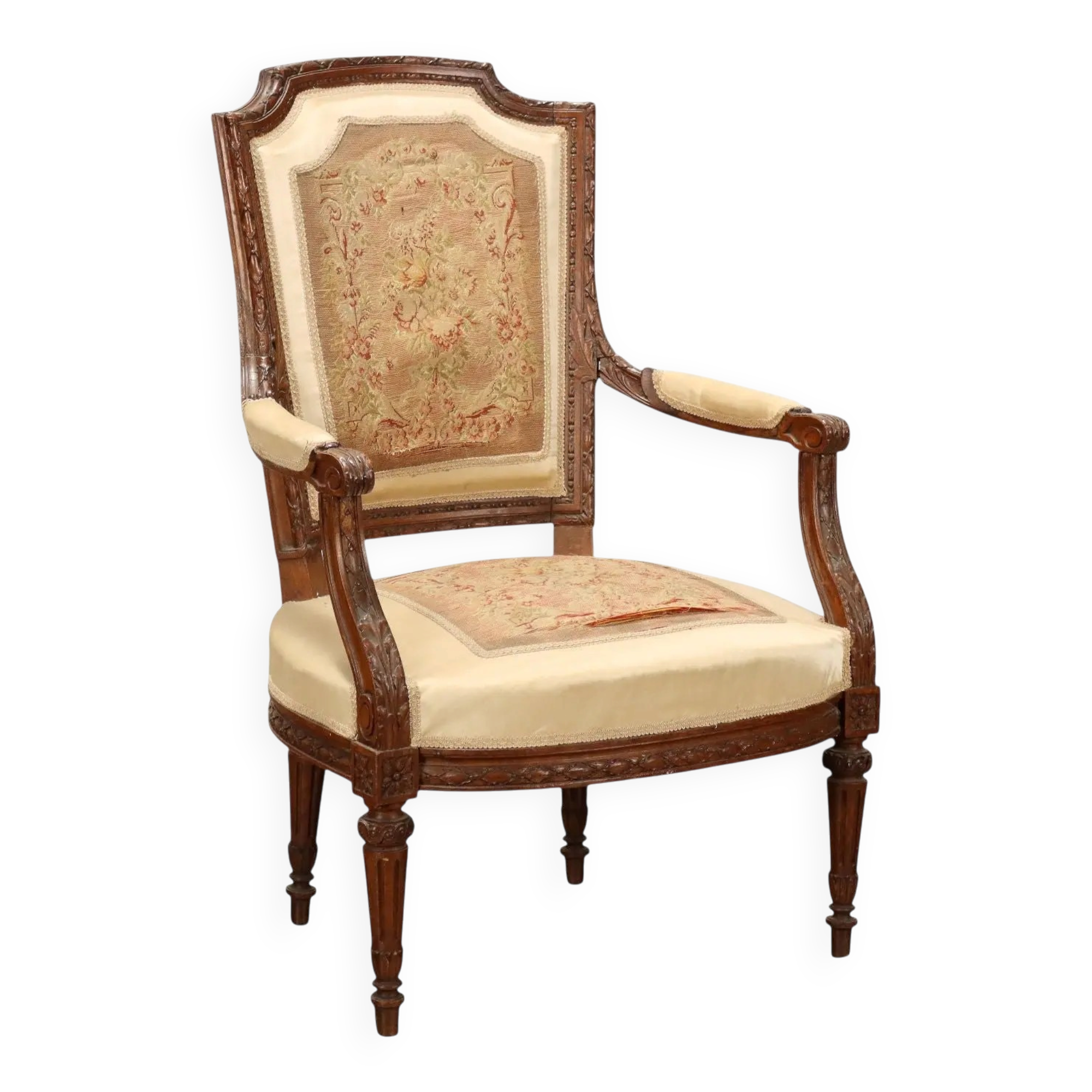 Antique beech armchair stained walnut, fabric, Italy, 19th century