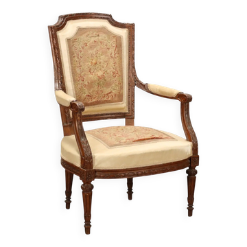 Antique beech armchair stained walnut, fabric, Italy, 19th century