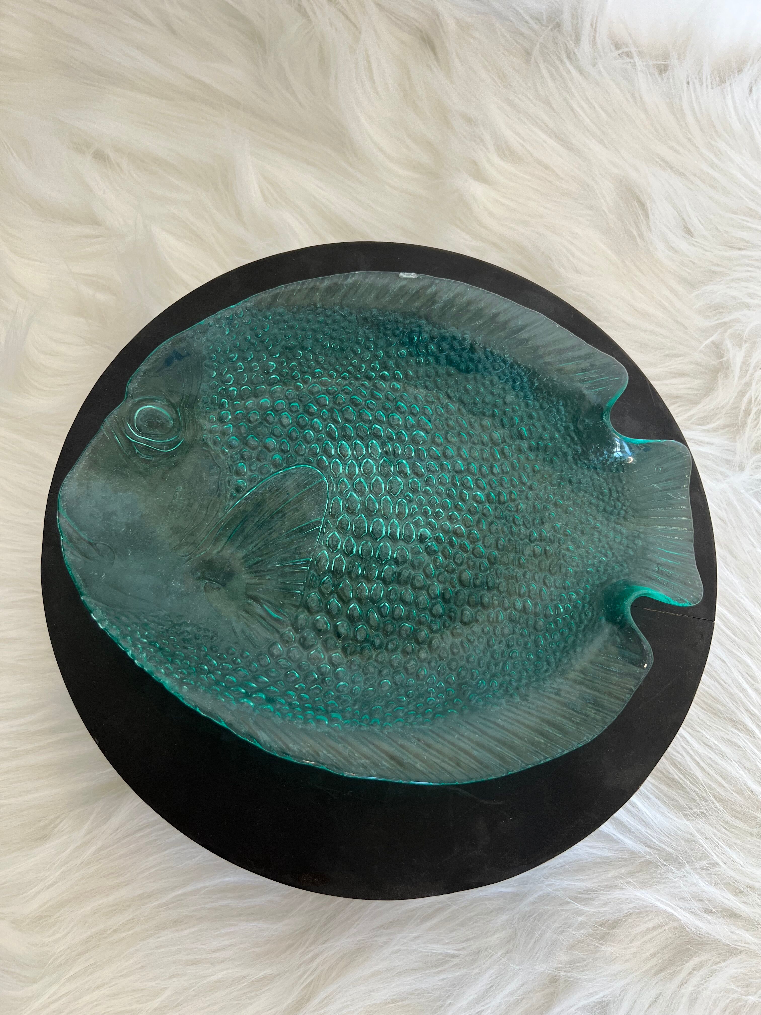 Vintage plate shaped of Arcoroc fish France turquoise