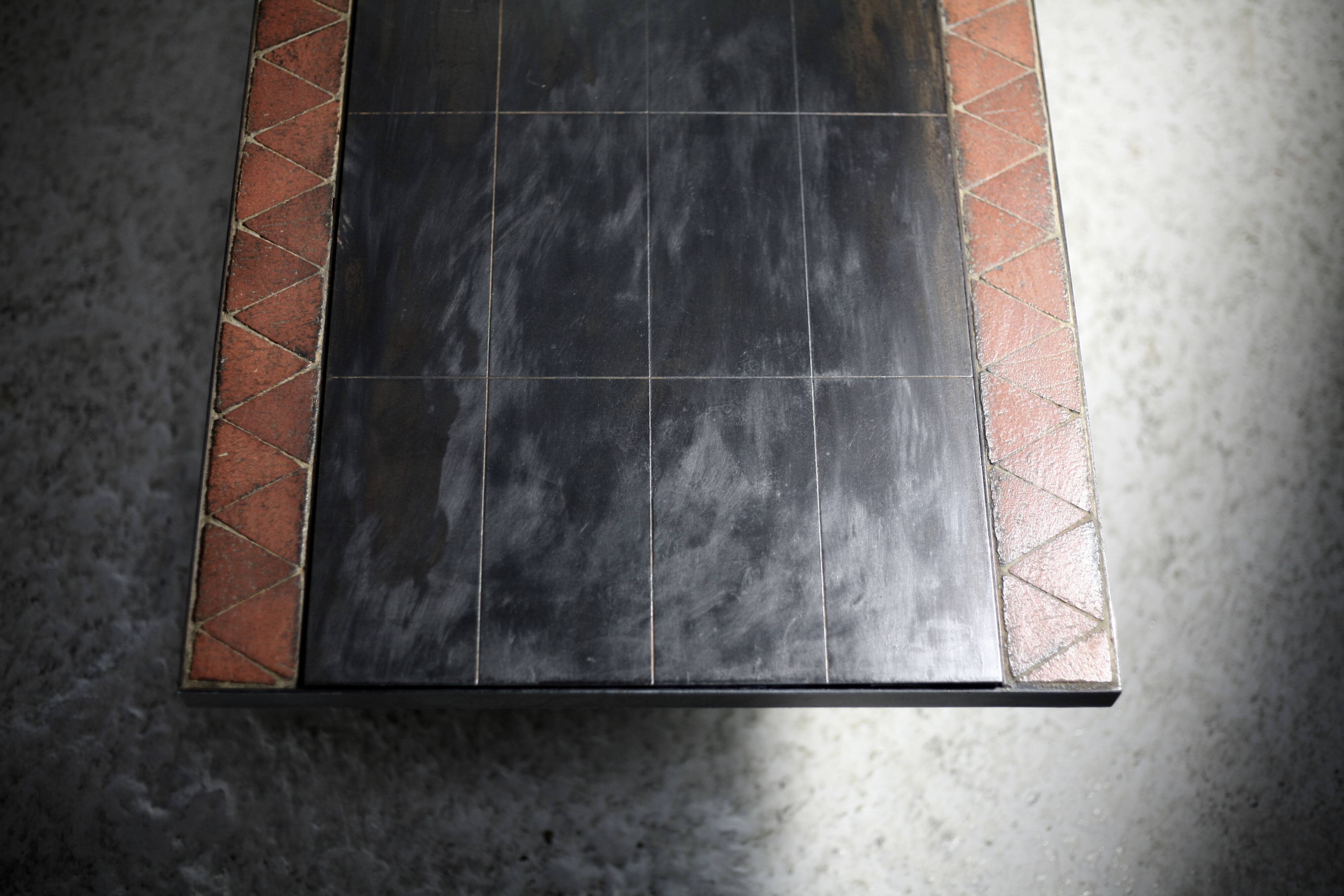 Coffee table, ceramic and steel plates, circa 1960.