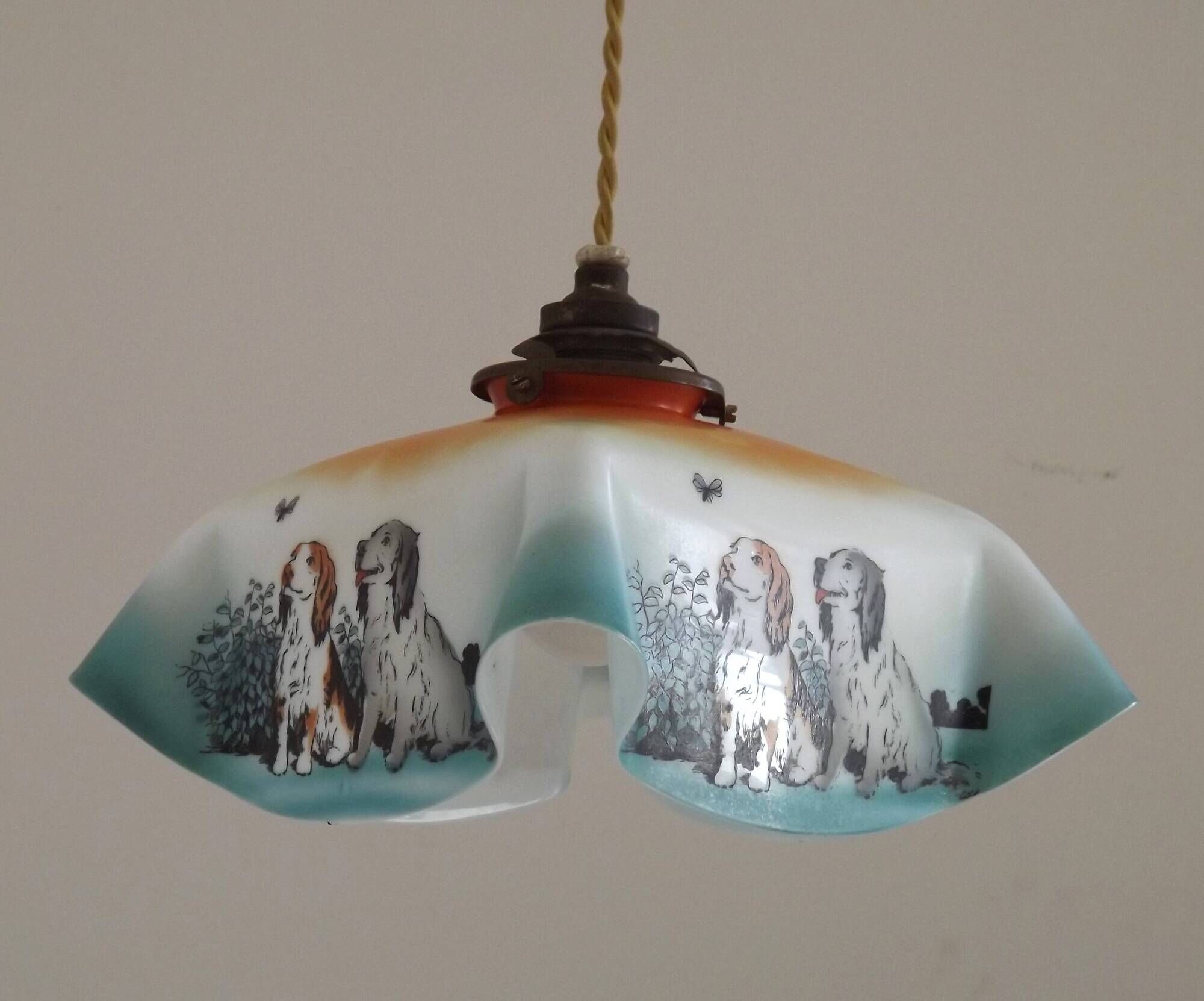 Rare French Art Deco Pendant Light | Illustrated Dog Countryside Shade