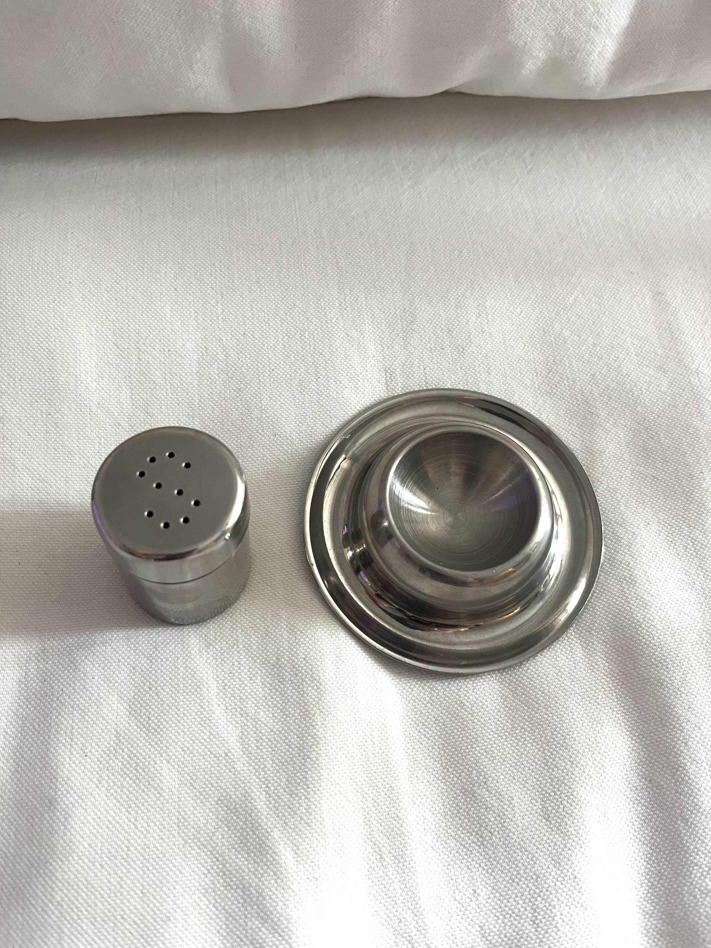 Vintage stainless steel egg cup and salt shaker – minimalist duo