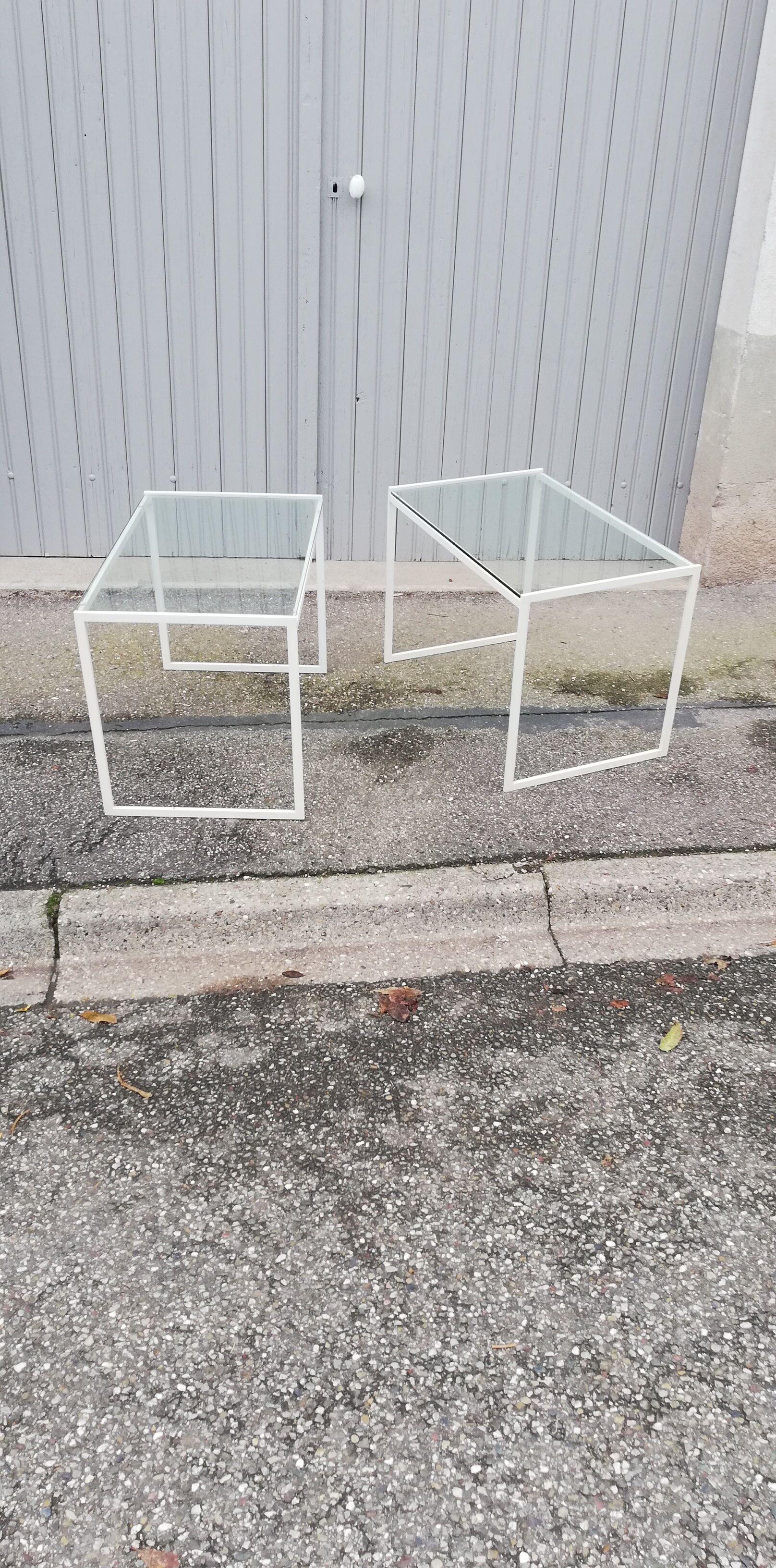 Pair of vintage metal and glass coffee tables