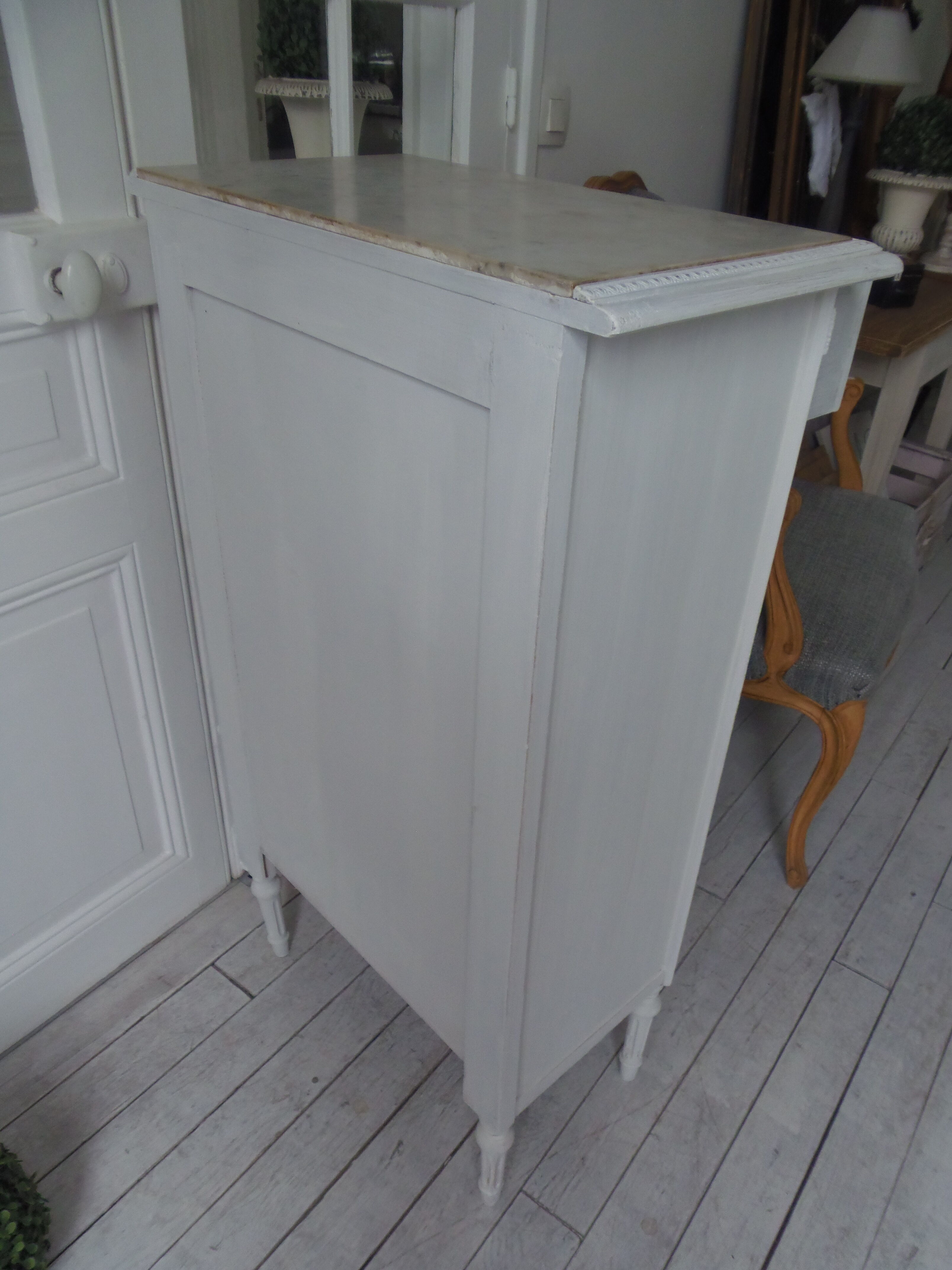 Louis XVI style furniture patinated pearl grey, marble tray