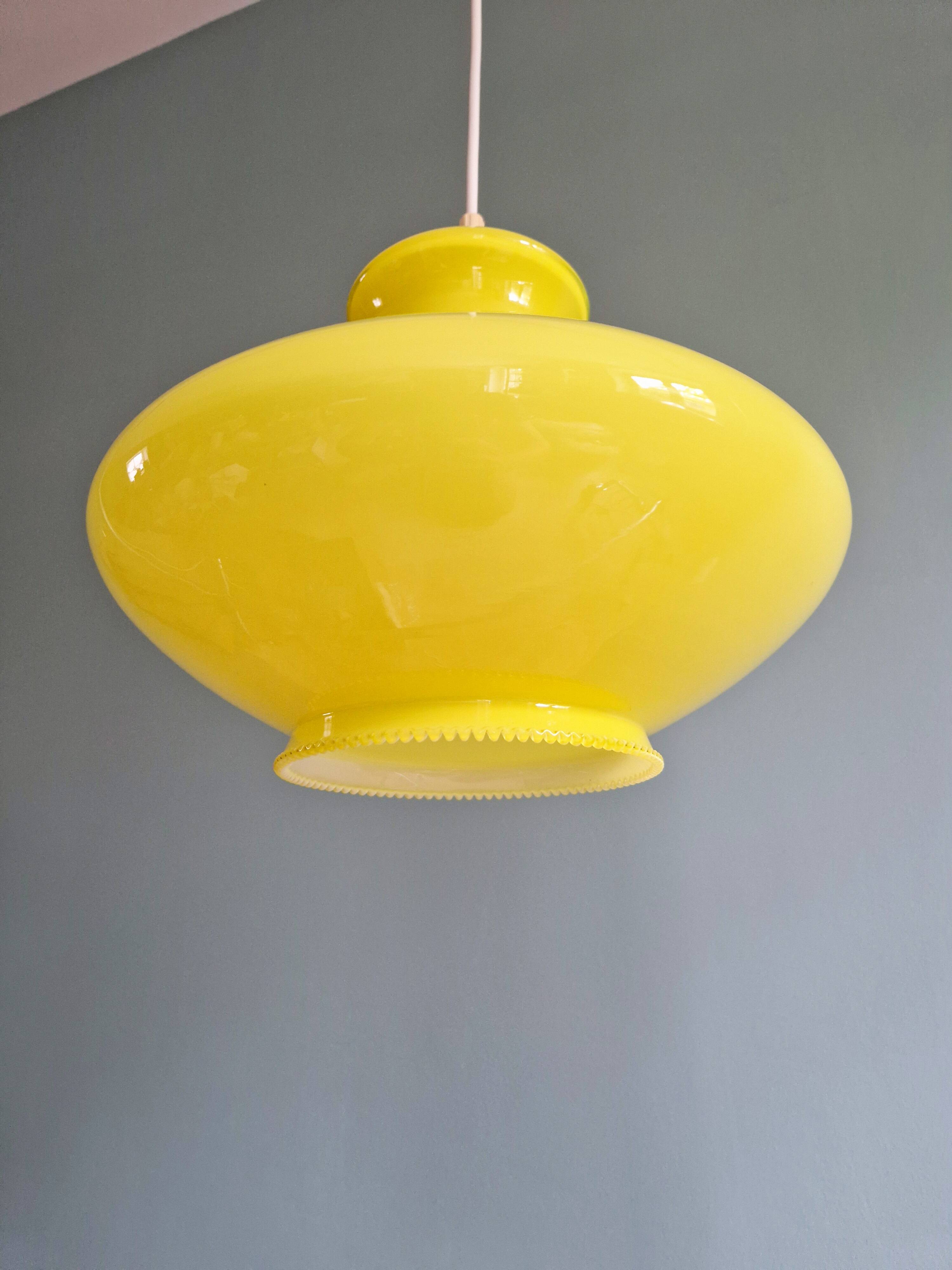 Vintage yellow opaline pendant light, 70s