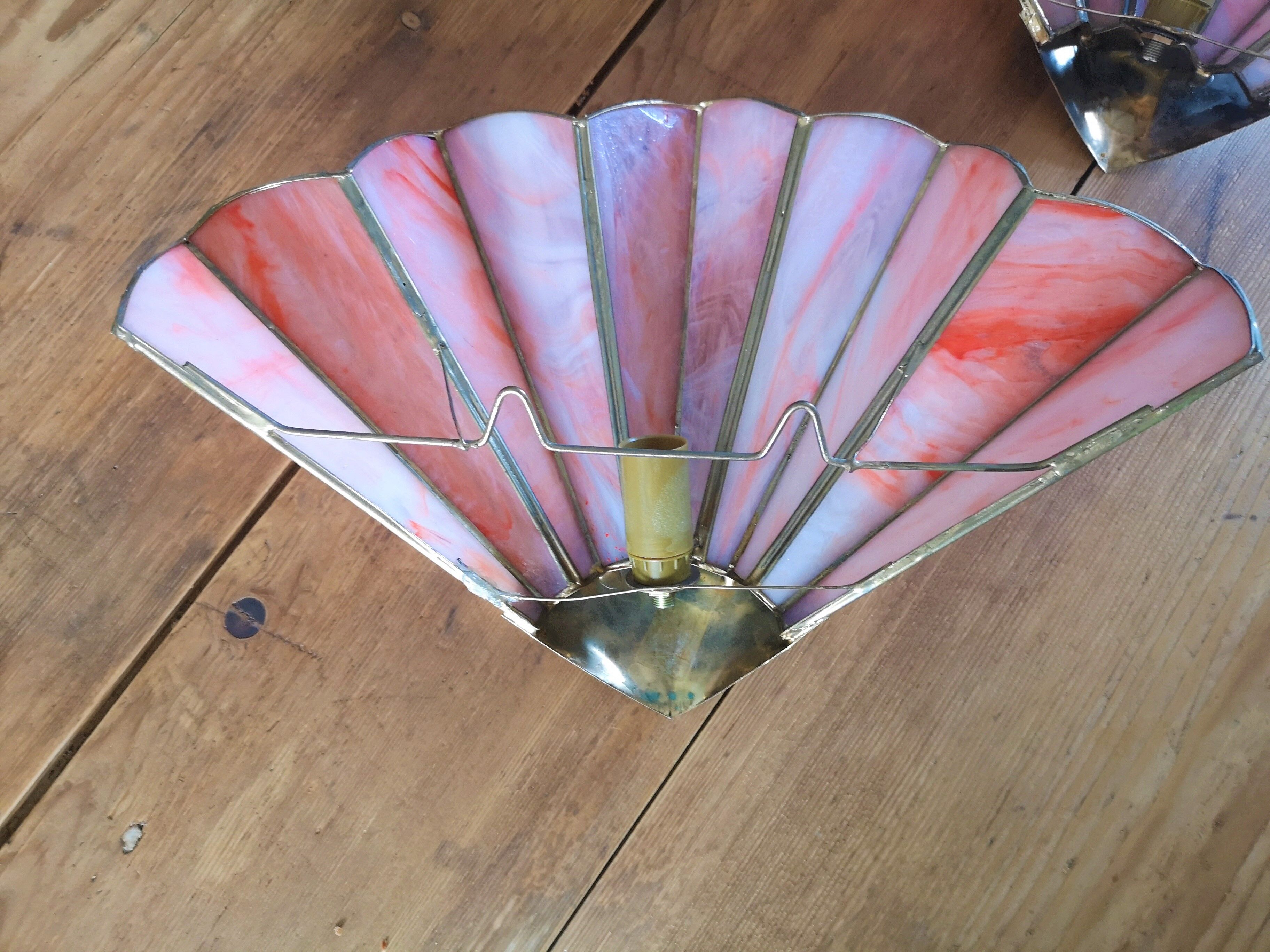 Pair of art deco fan wall light in brass and glass paste