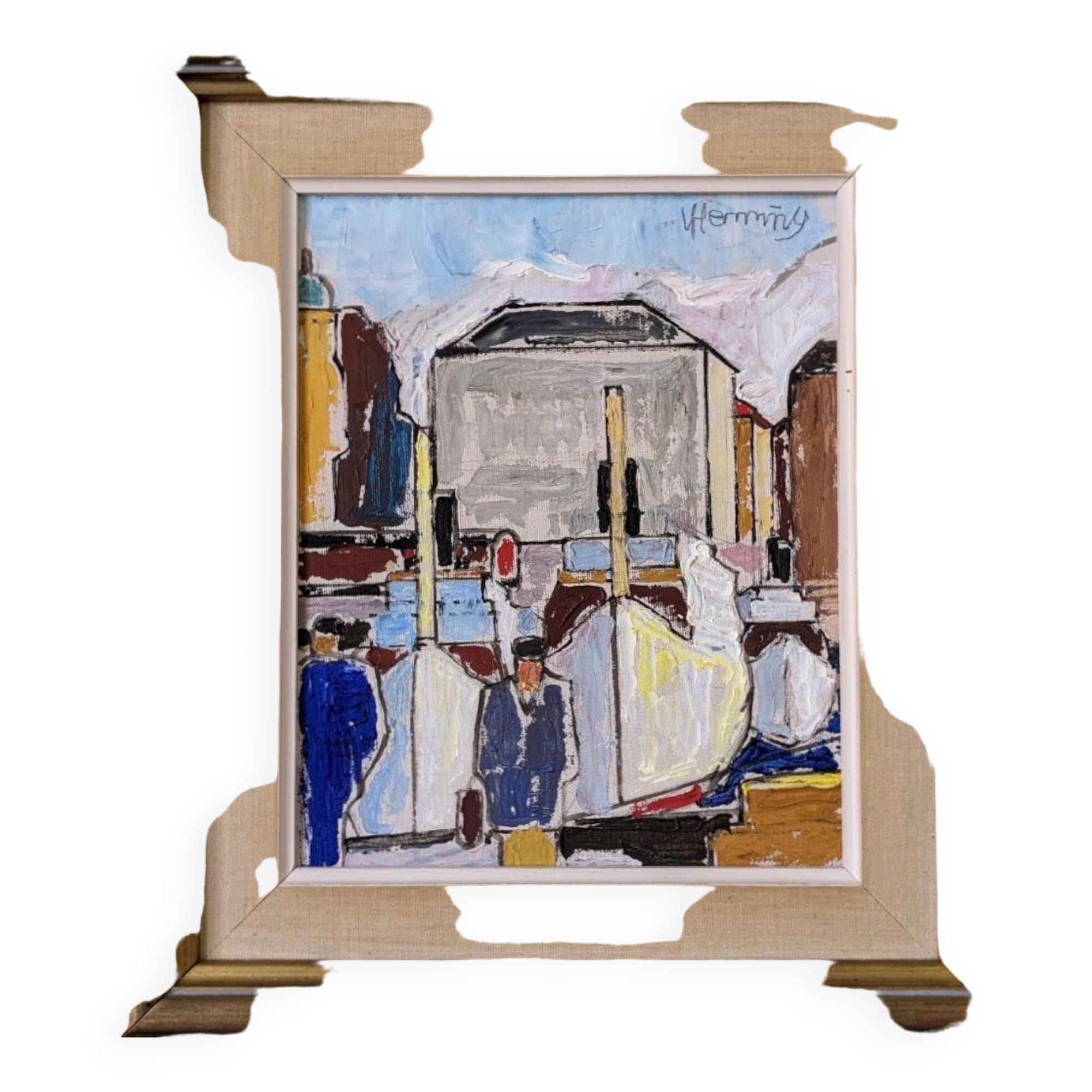 Peinture à l’huile encadrée vintage « By the dock »