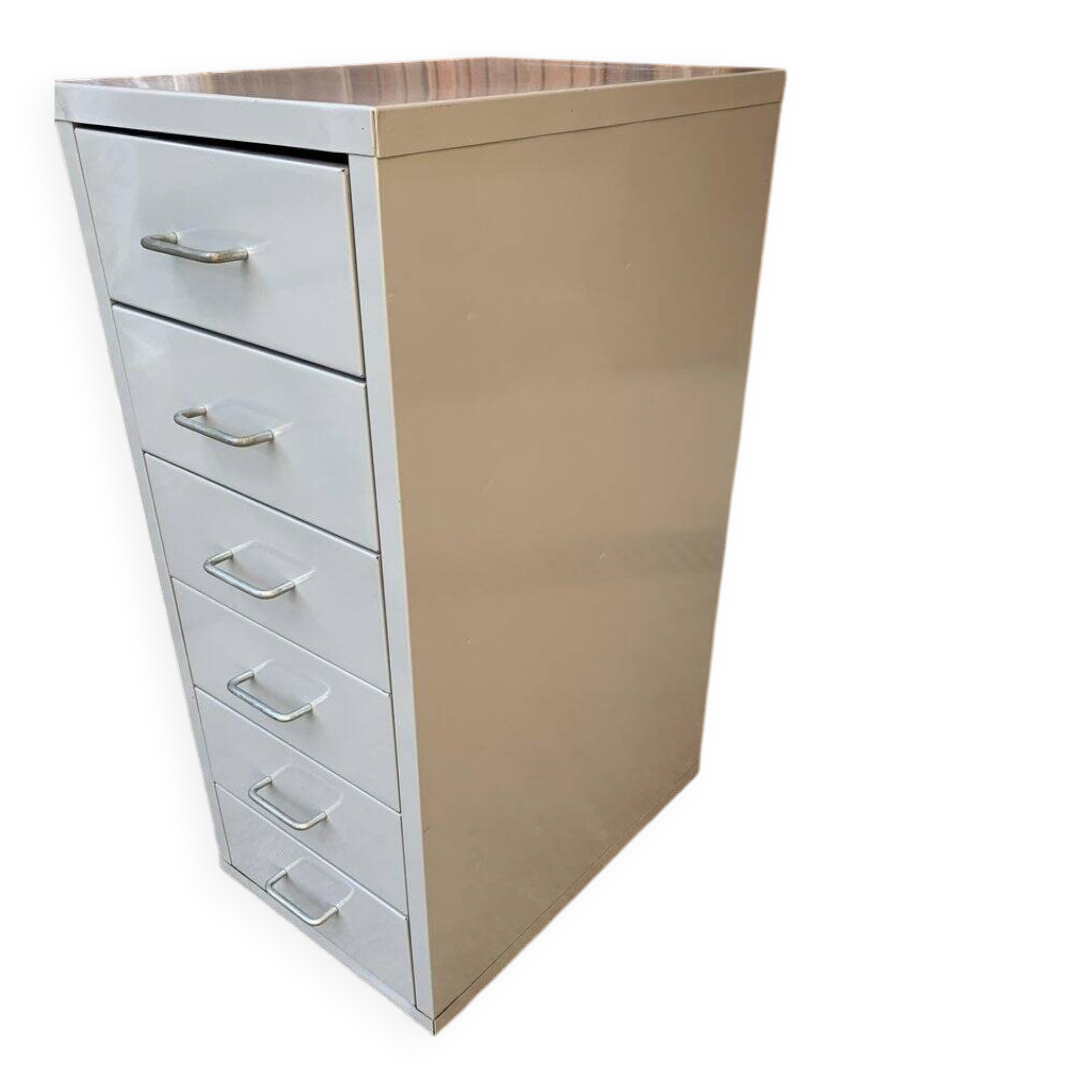 Grey metal industrial chest of drawers, 6 compact drawers, 1980s, utilitarian style.