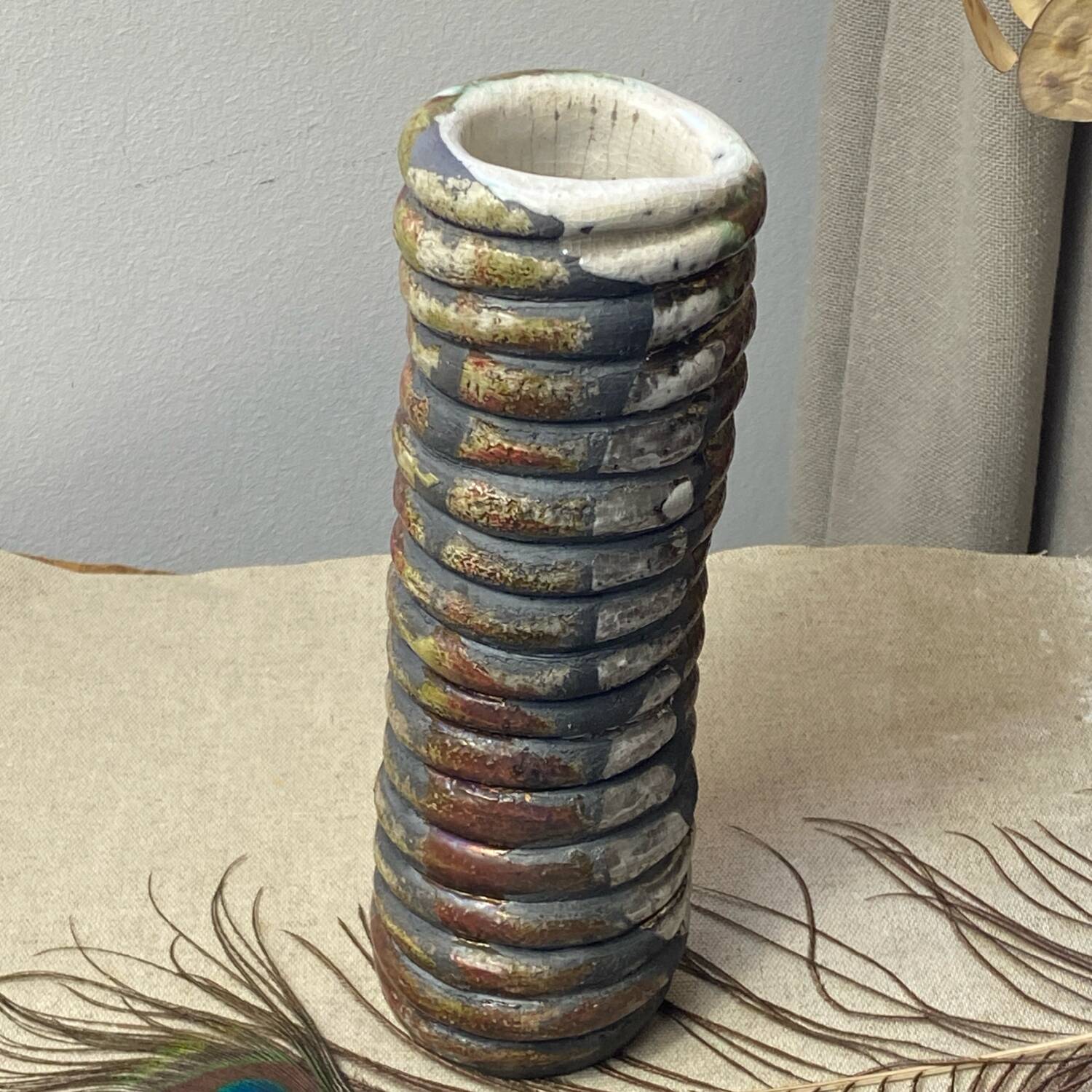 Raku ceramic tubular vase