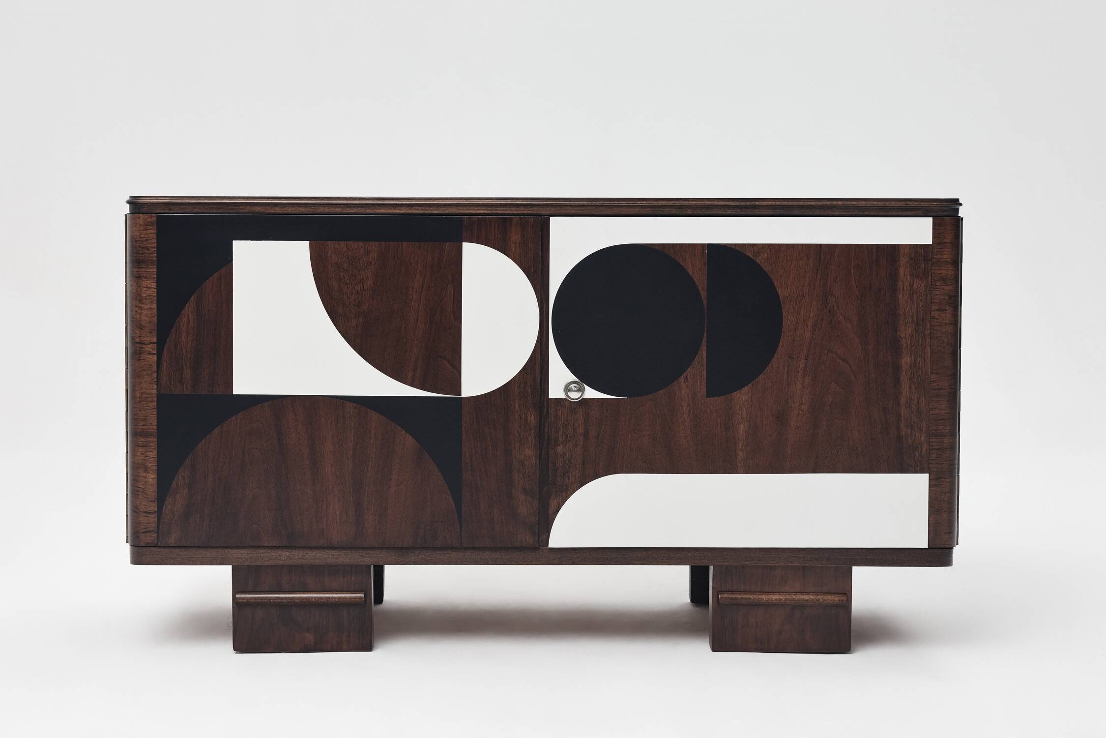 1950s Vintage Sideboard, Modernist, Walnut, Geometric Op Art Pattern