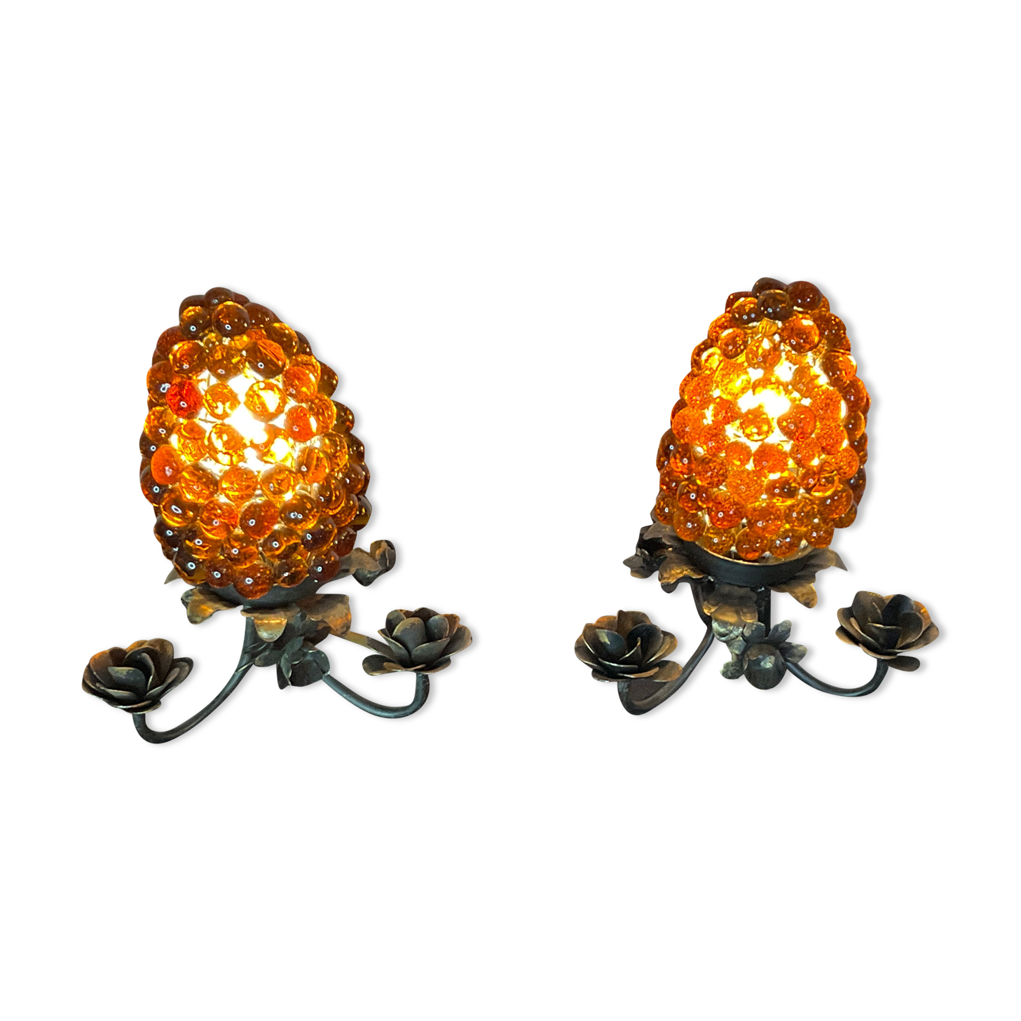 Pair of lamp night light tulip bunches of grapes glass murano