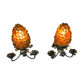 Paire de lampes veilleuse tulipe grappes de raisin verre murano