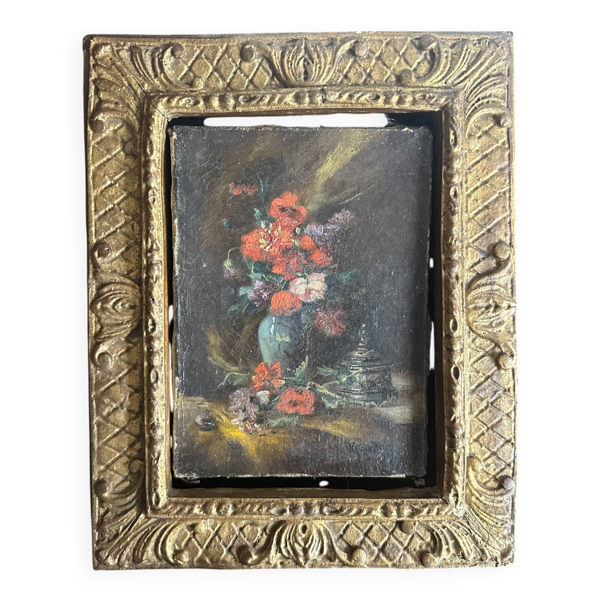 Tableau ancien fleurs signé avec cadre en bois et stuc doré, XIXe