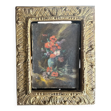 Tableau ancien fleurs signé avec cadre en bois et stuc doré, XIXe