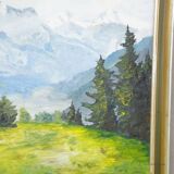 Alpine landscape painting with meadow, trees, and mountains.