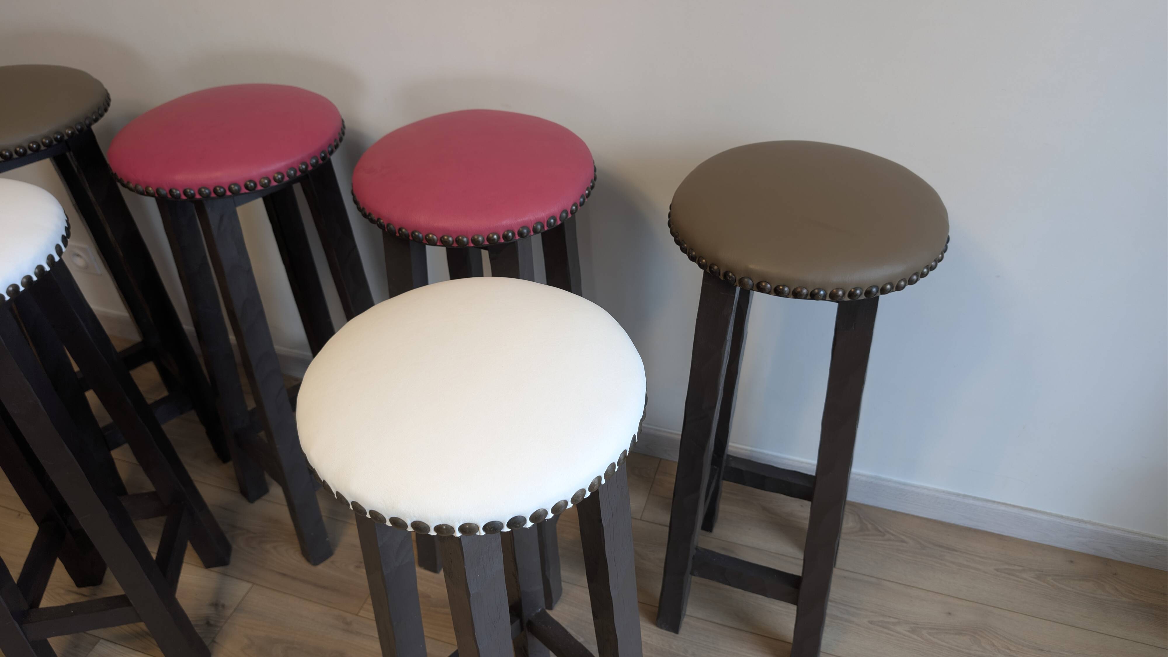 Set of 6 wooden bar stools — bistro style & distressed wood