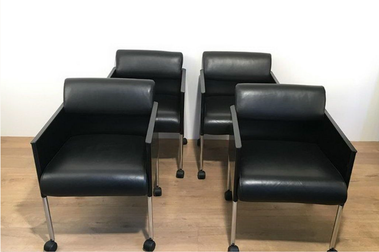 Suite of 4 armchairs in leather and black lacquered metal Rosenthal