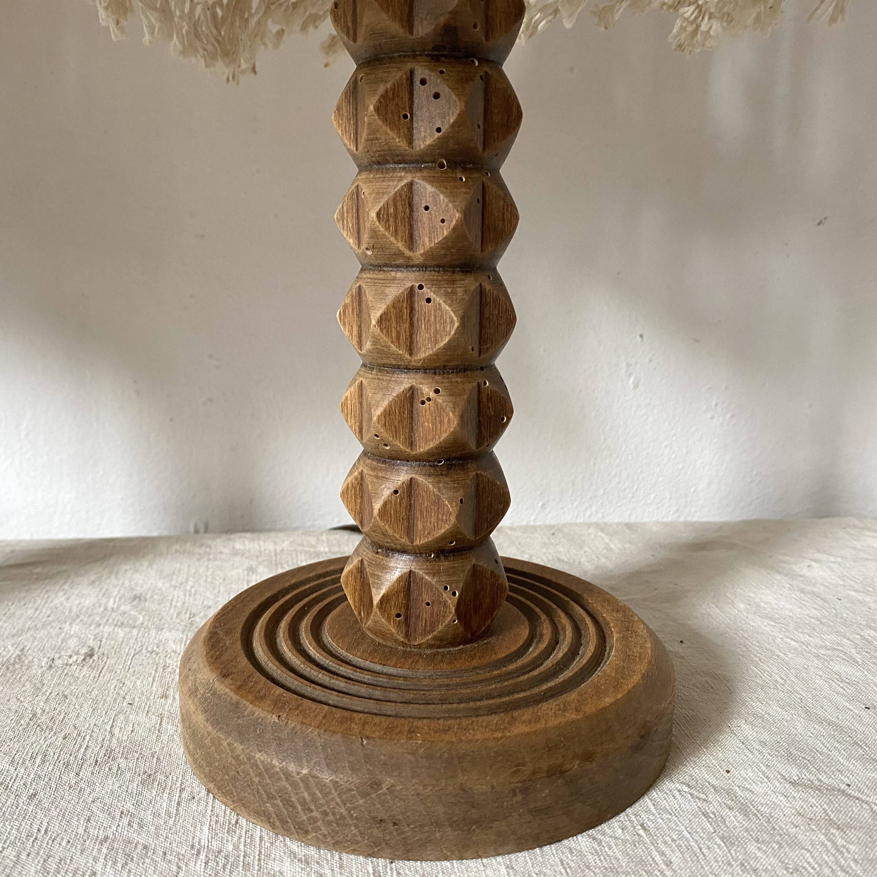 Pair of carved wood and macramé bedside lamps