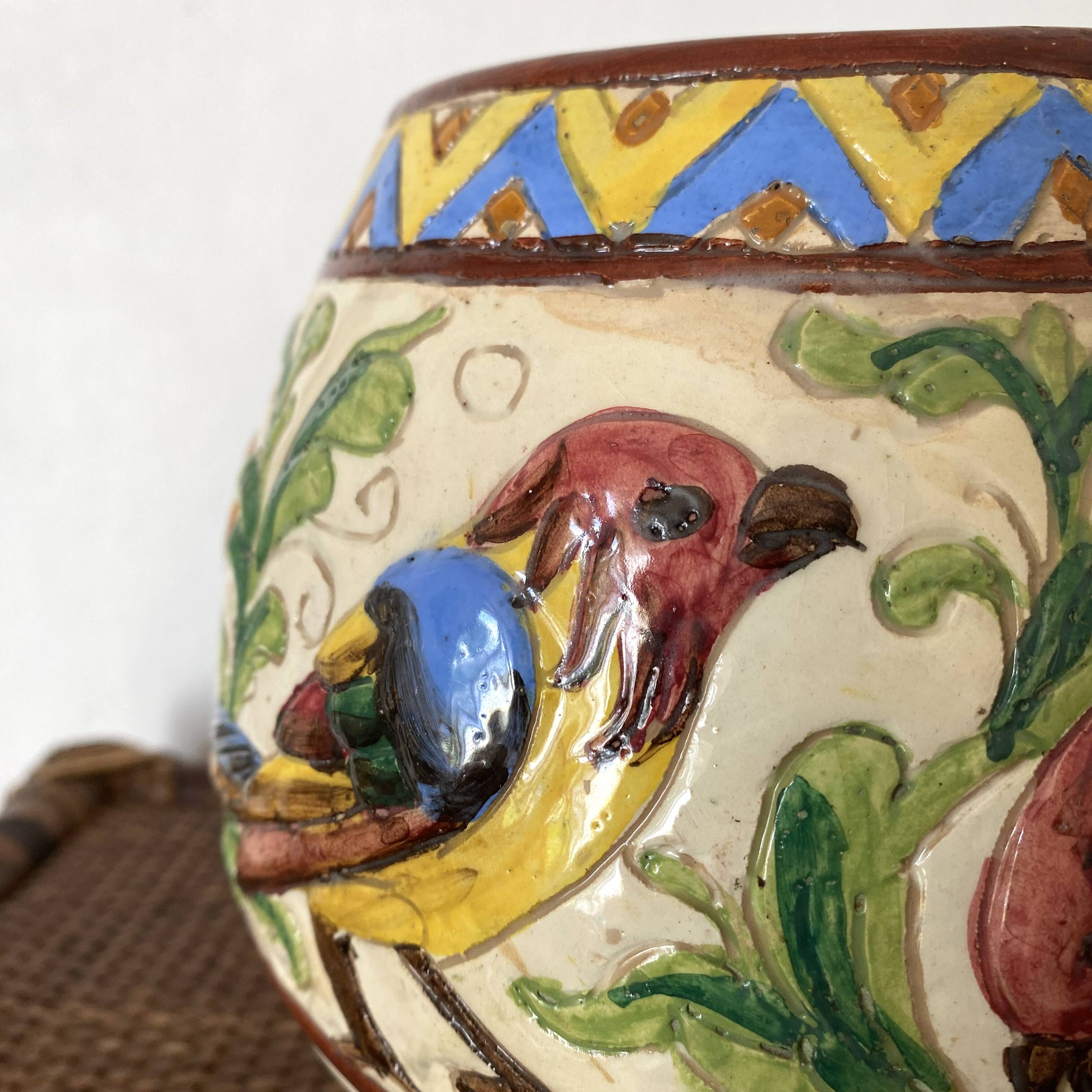 Ceramic pot, Perugia Italy, flower and bird decoration