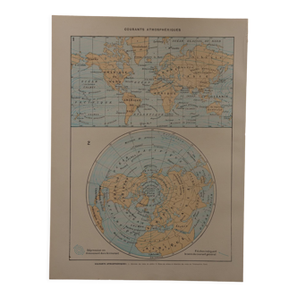 Lithographie originale sur les courants (atmosphériques et marins)