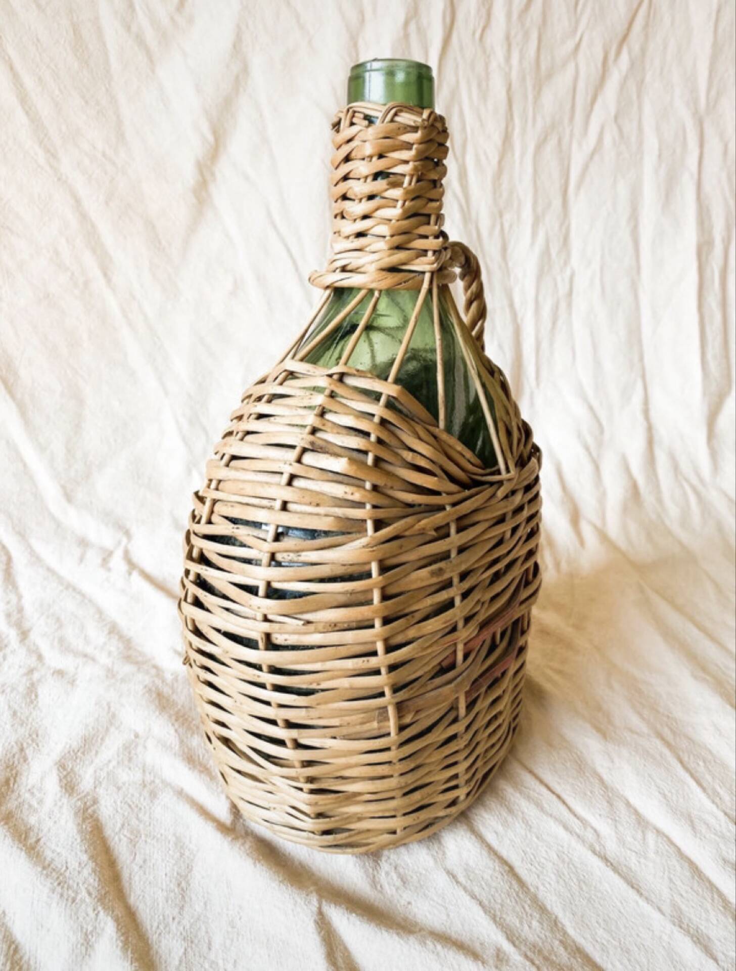 Old Green Glass Demijohn Plate with Woven Rattan