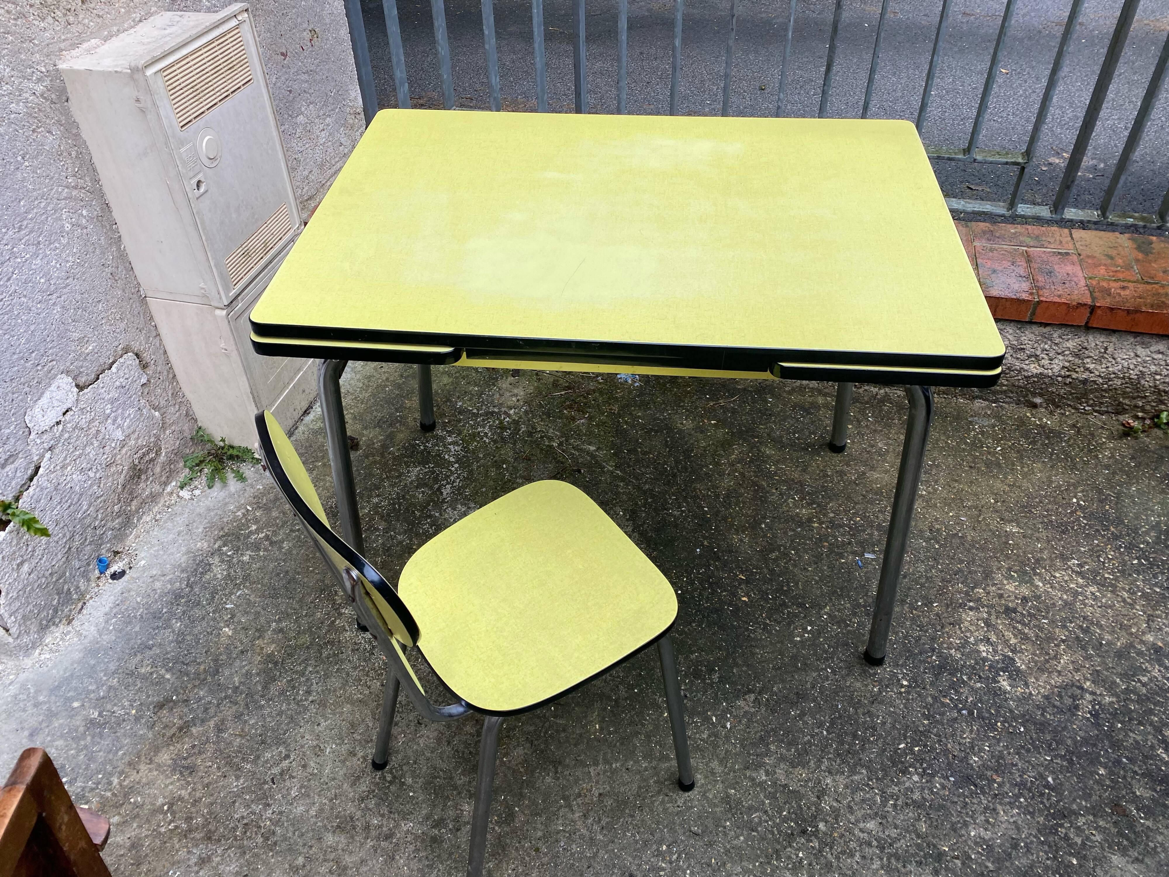 Bright yellow formica vintage table and chair
