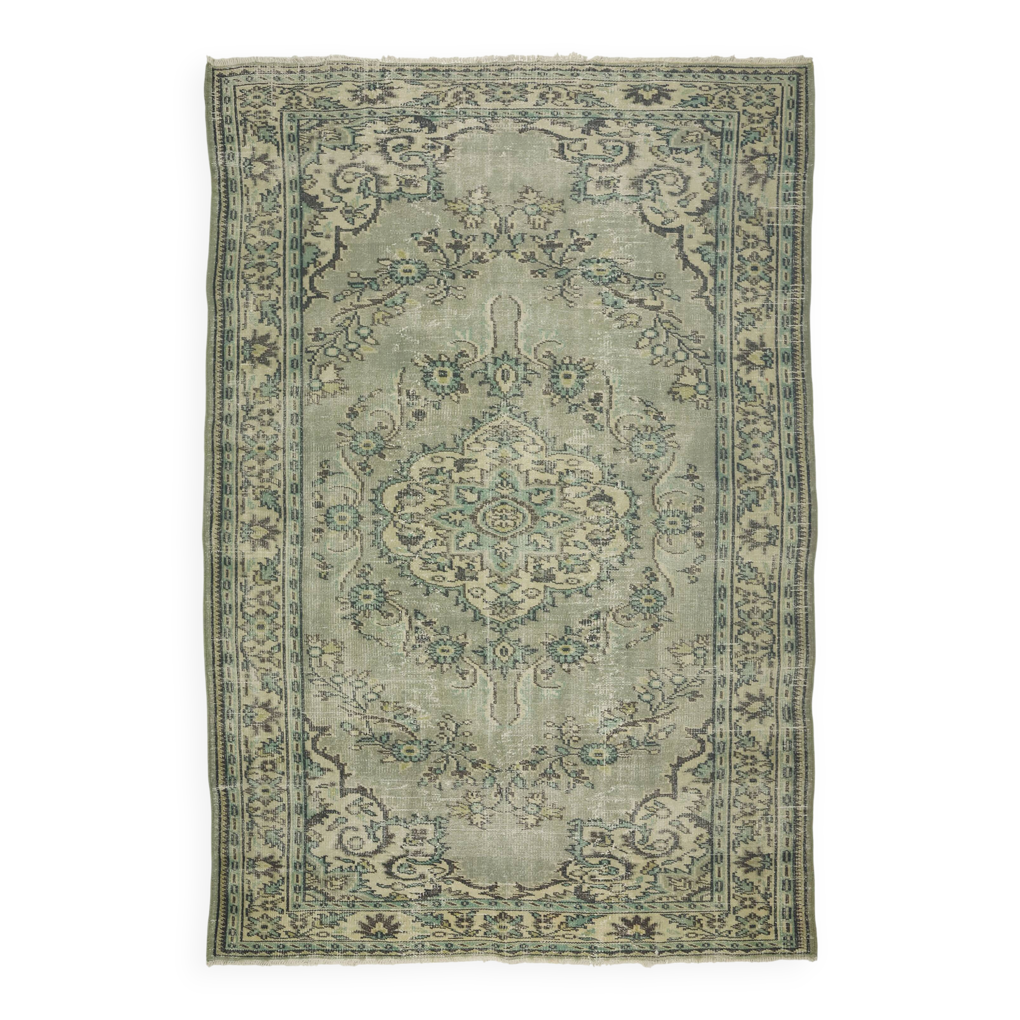 Vintage Turkish Rug Sage Green with Medallion 287 x 193 cm