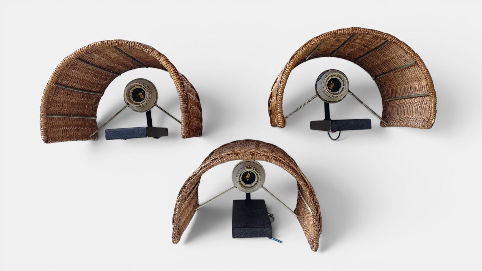 Spanish Mid-Century Wicker And Wrought Iron Wall Sconces, Three Available