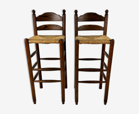 Ensemble de deux tabourets de bar modernistes avec osier, années 1960