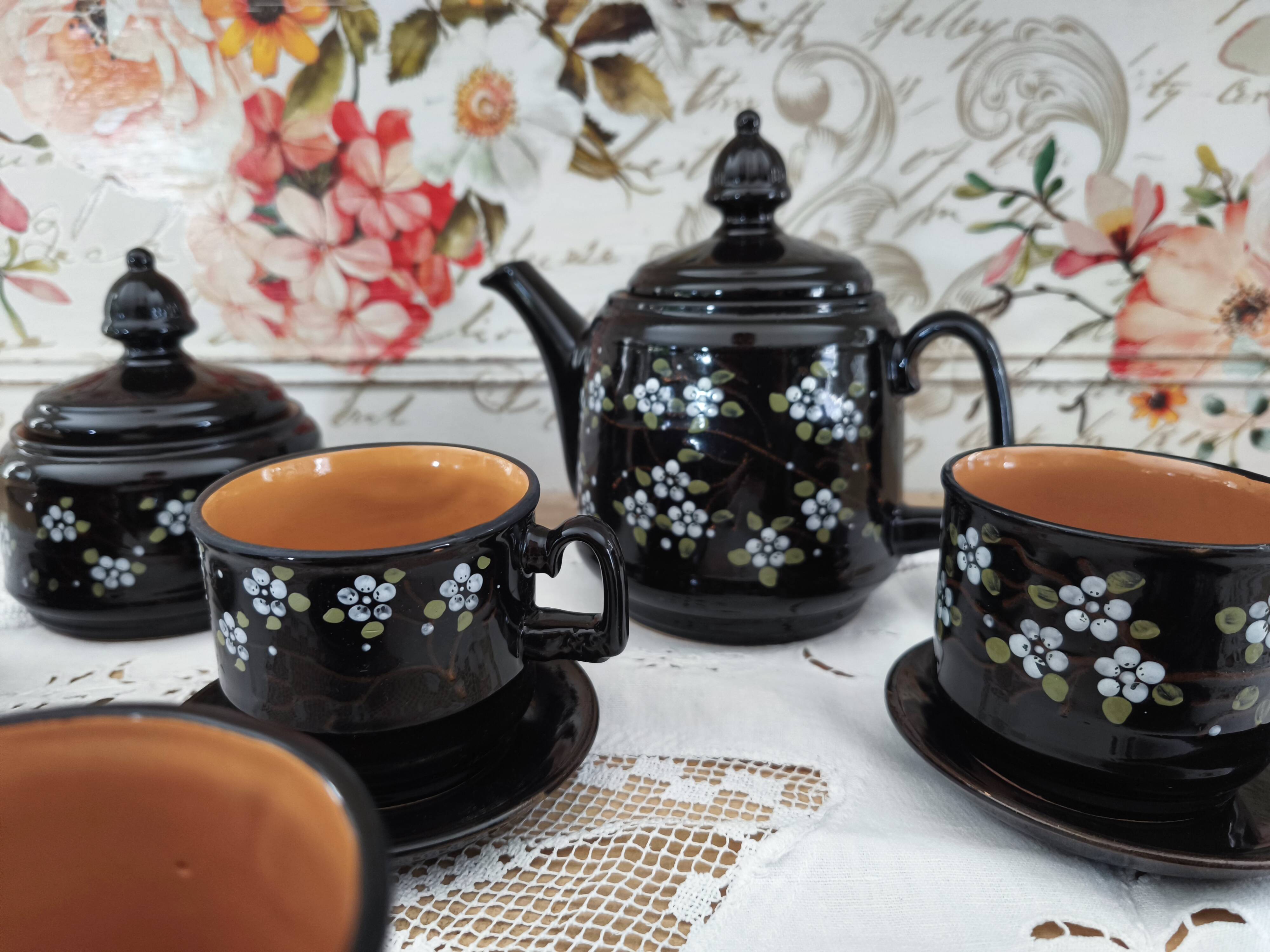 Vintage Russian tea set 14 pieces for 6 people in enamelled terracotta