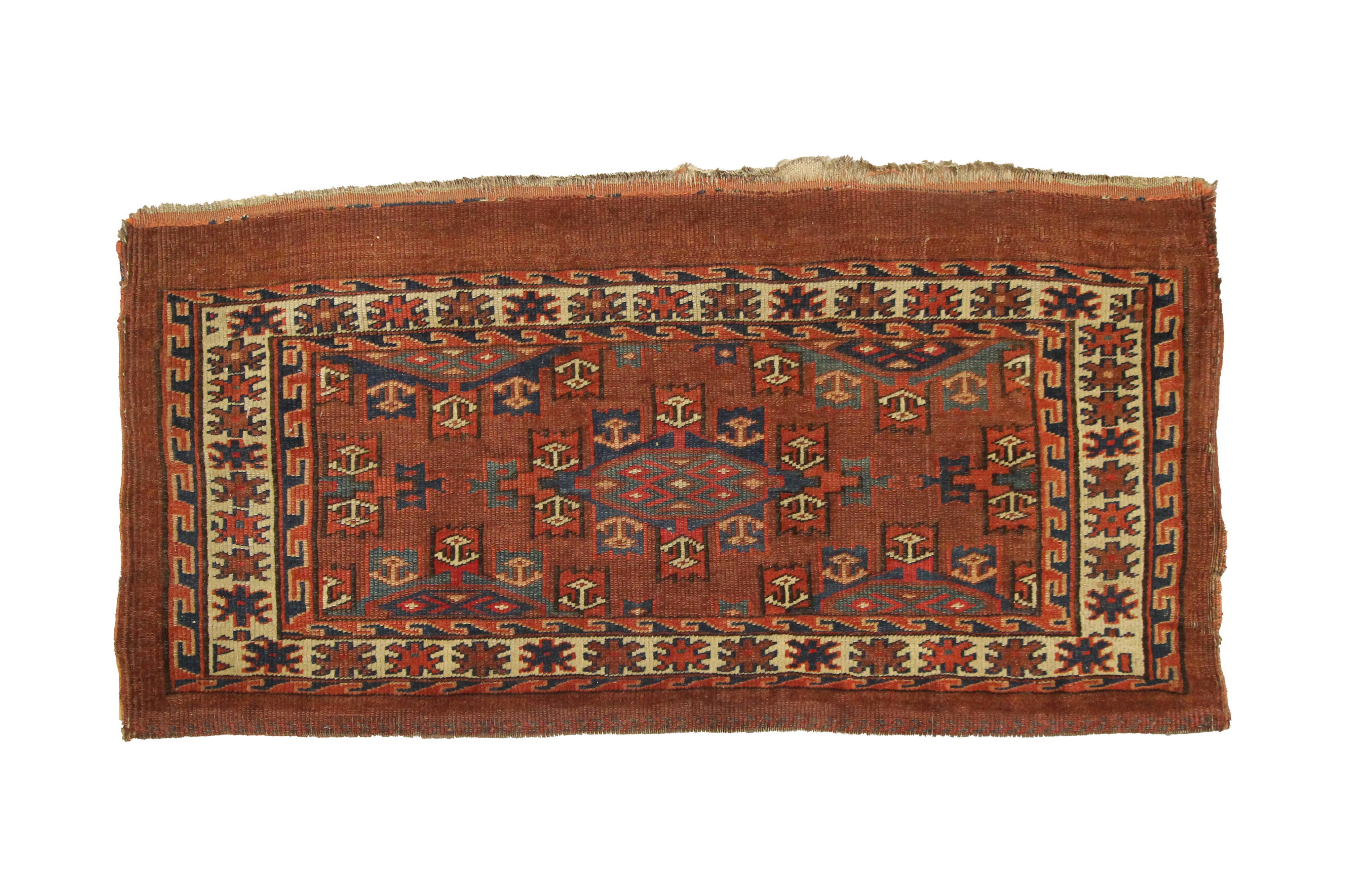 Antique Persian Turkmen Rug Handwoven Rust Wool Oriental Area Rug- 43x82cm