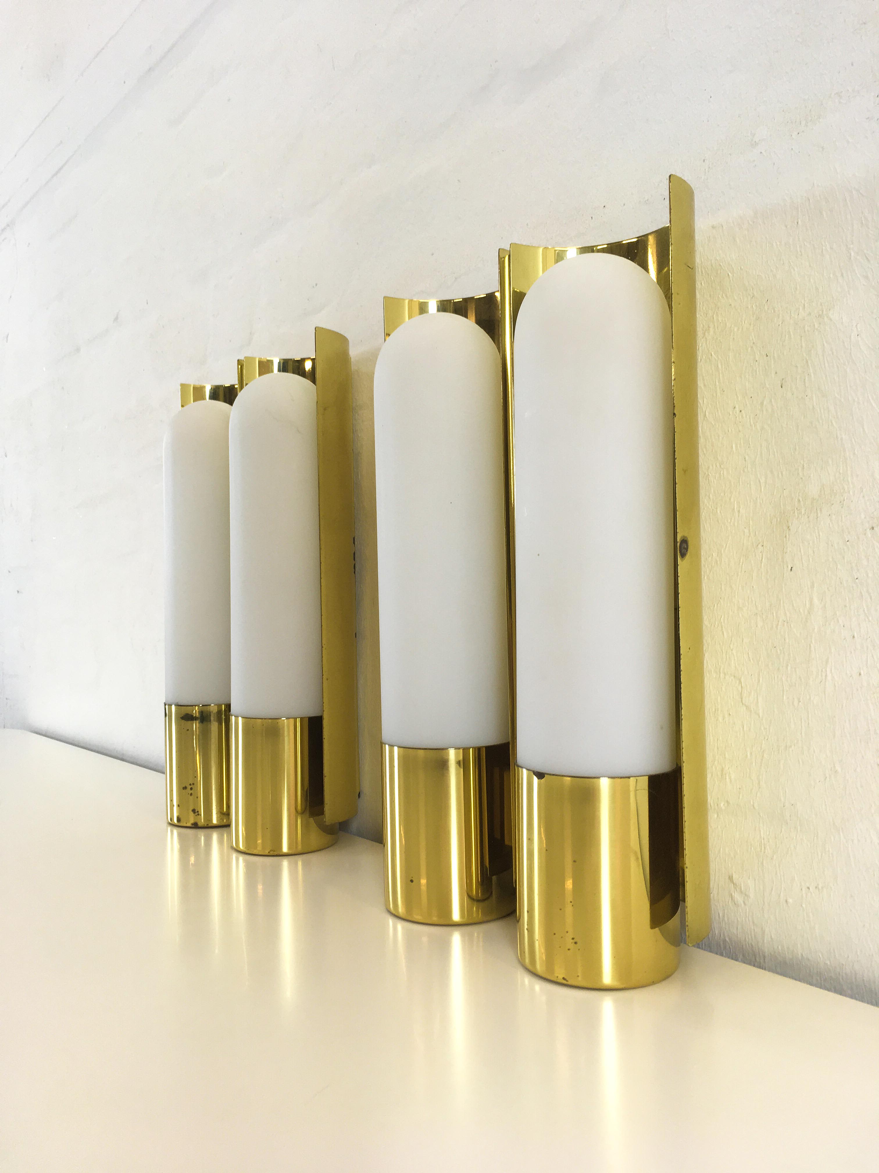 Wall lights brass & glass opal of limburg 1970 s