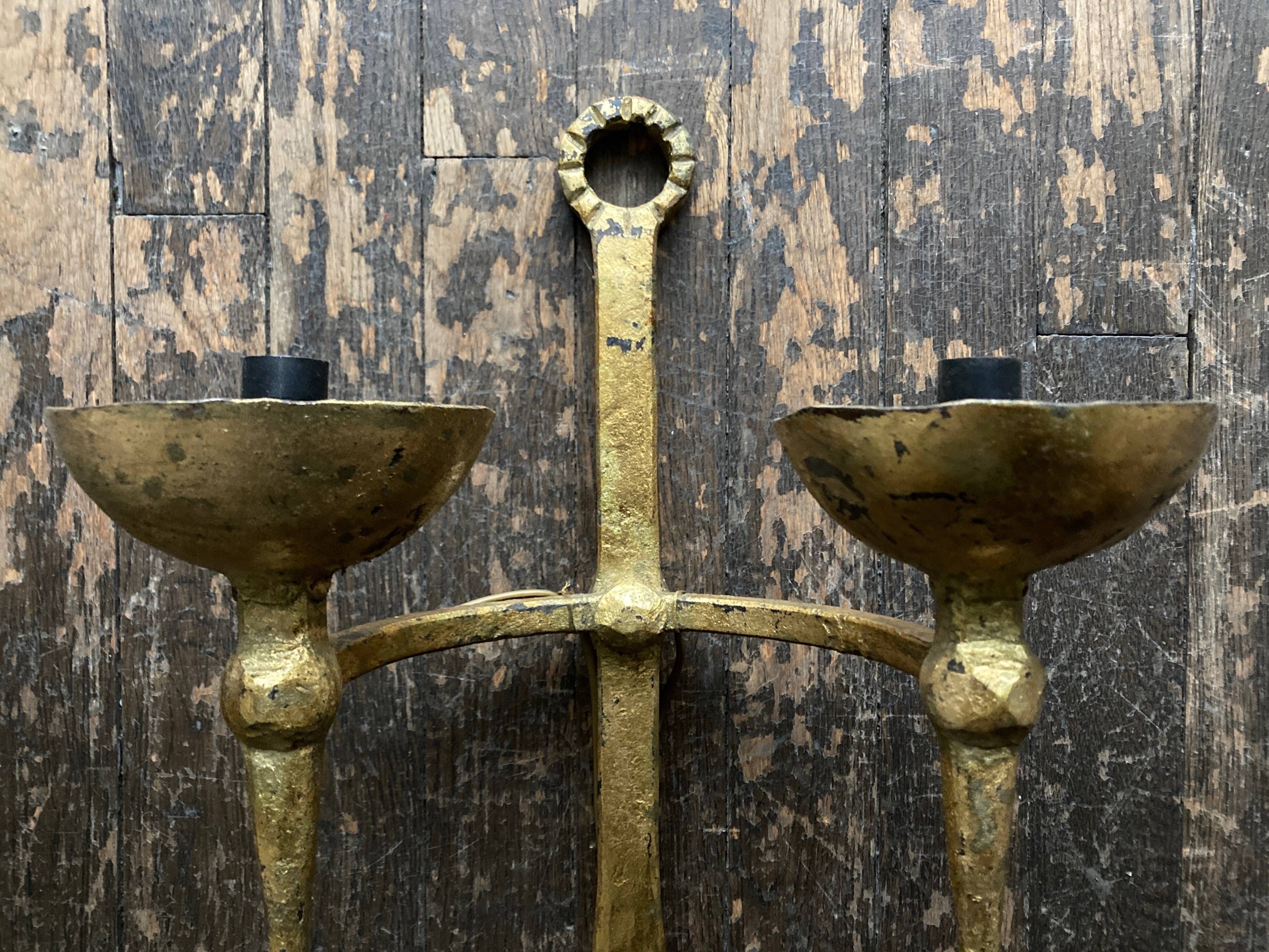 Pair of XXL torchlight sconces in golden beaten iron Italian work 1960