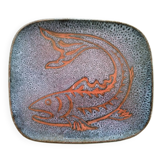 Ceramic dish with fish decor Abbey ND du Bec 1960s