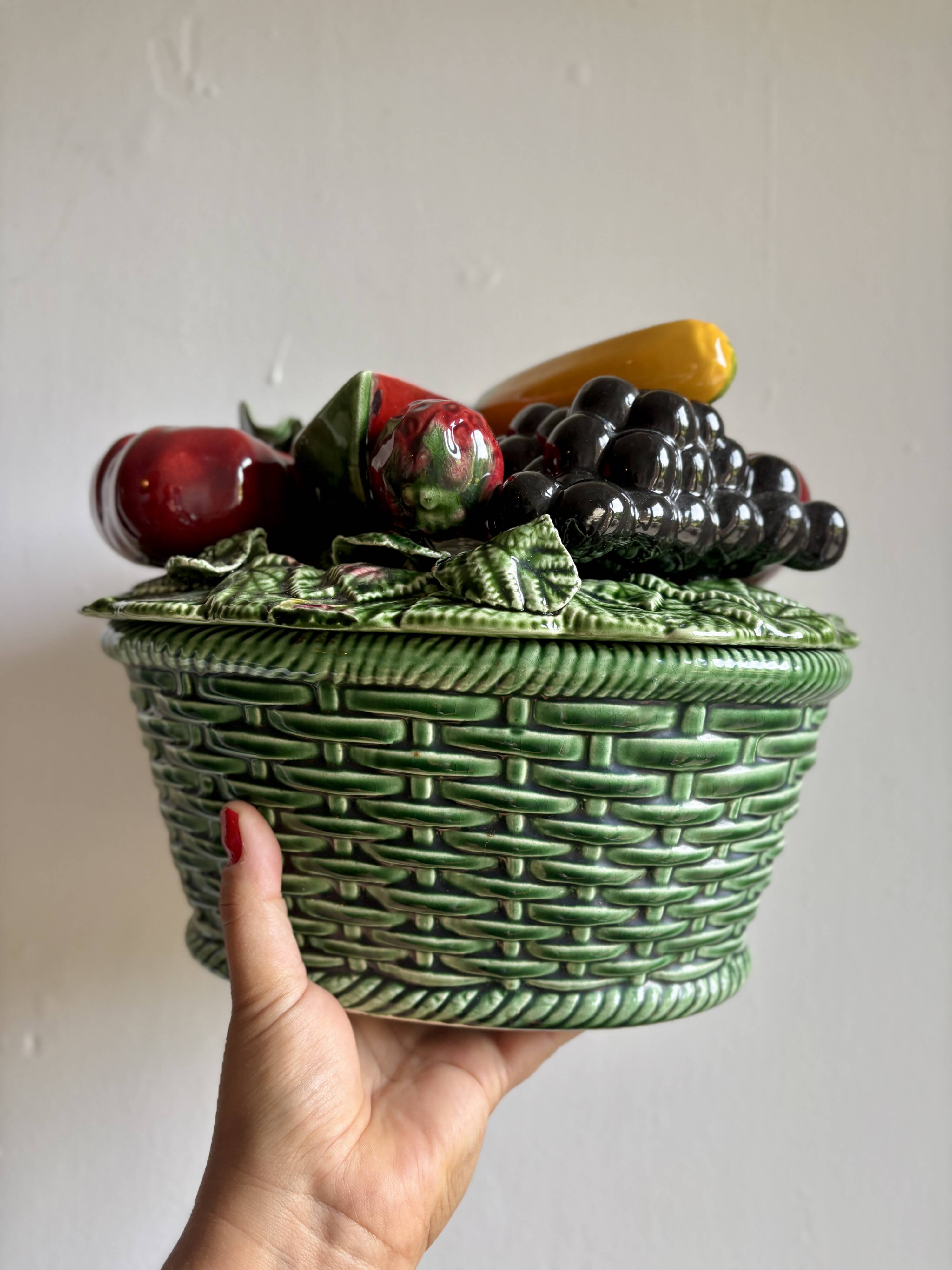Vintage barbotine dish with fruit decorations