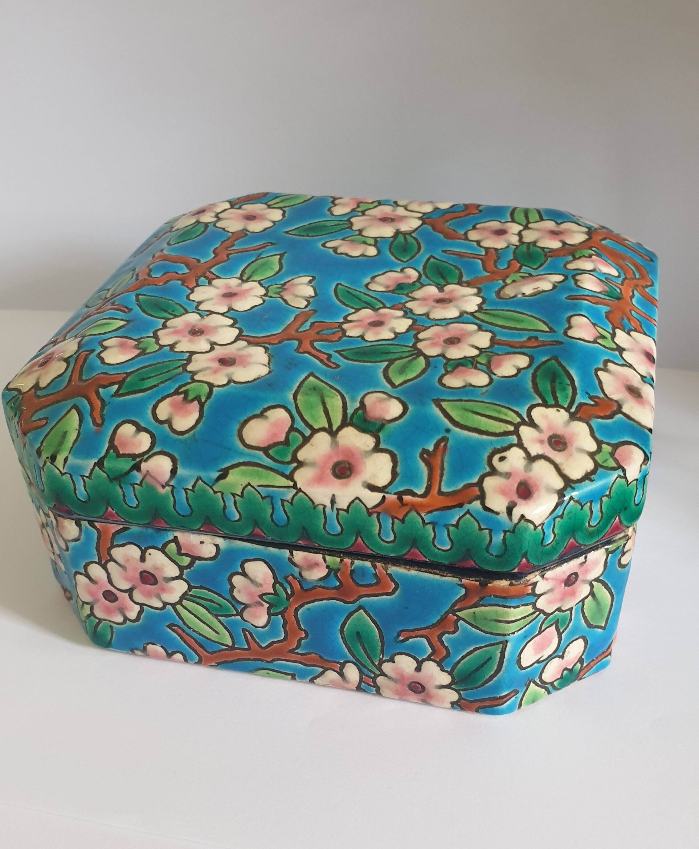 Longwy Enamels Cut Corner Bonbonnière Box with Floral Decoration