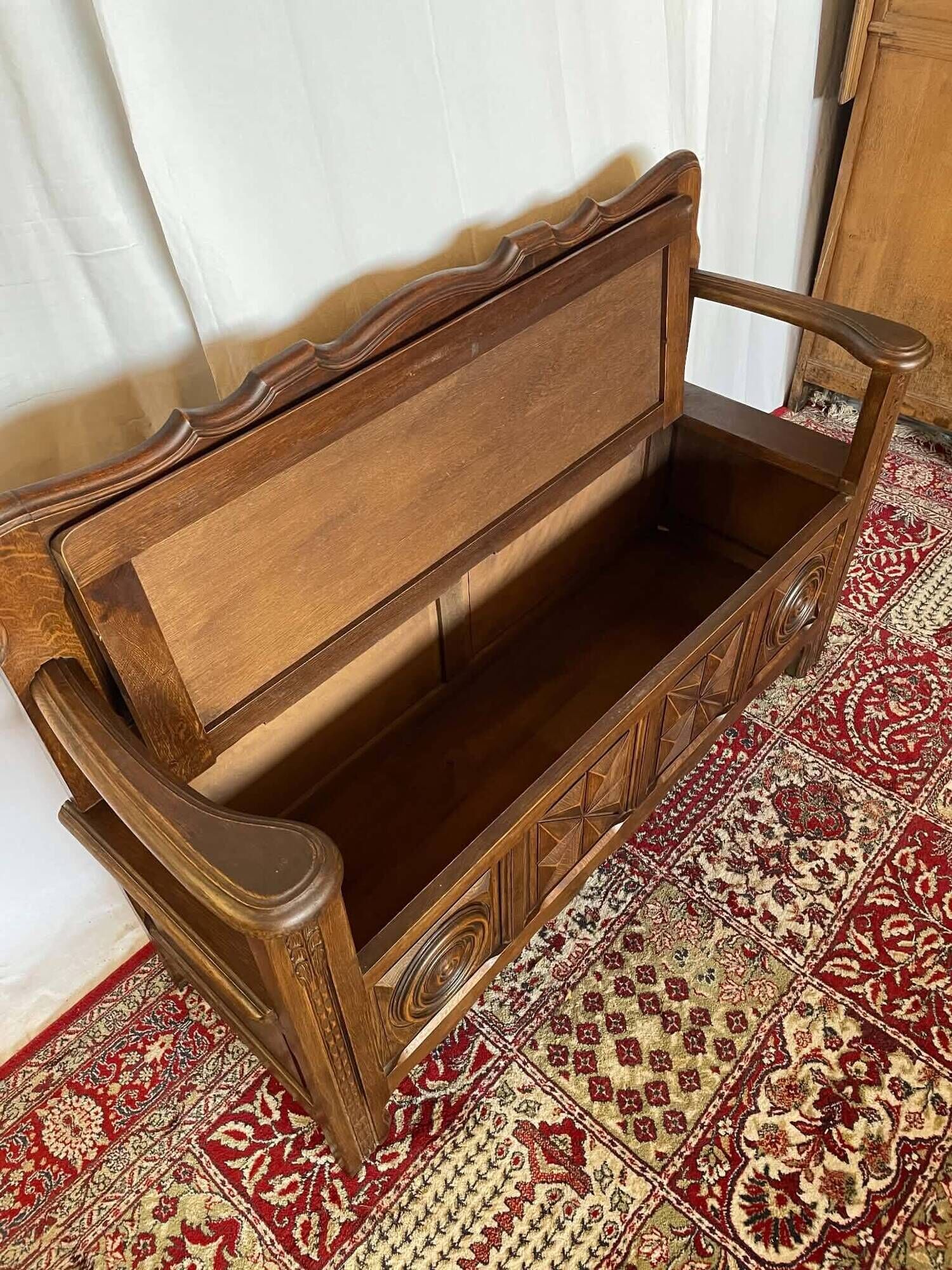 Antique oak carved bank chest – Breton style