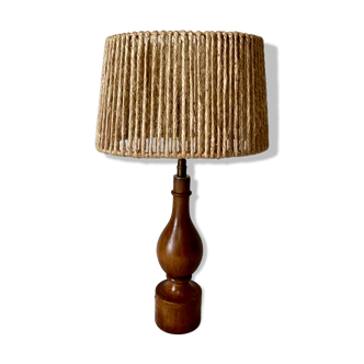 Lampe à poser Philippe Capelle vintage 1970 en bois tourné ciré abat-jour en corde