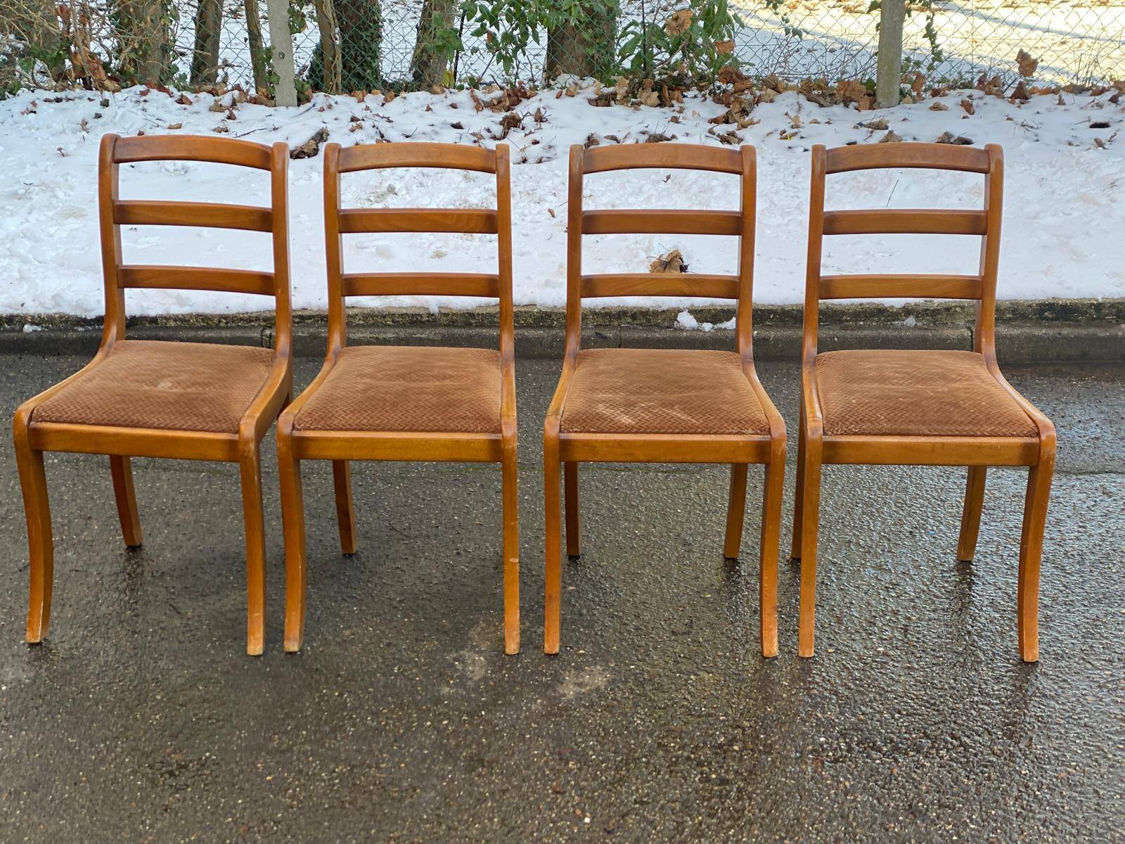 4 solid wood and brown velvet suede chairs in the Louis Philippe style.