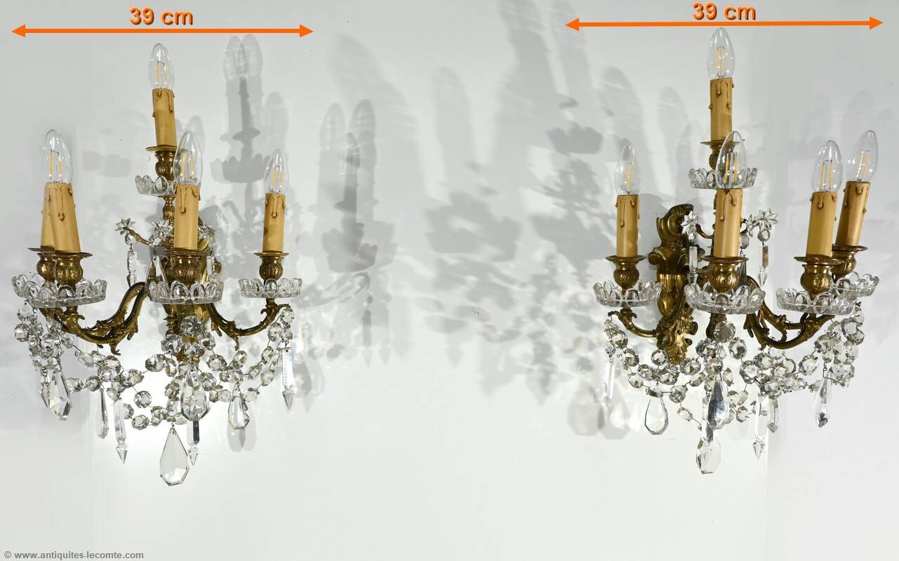Bronze and Crystal Wall Lights with Pendants, Louis XV style – Late 19th century