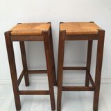 Paire de tabourets bar paille en  bois massif des années  50