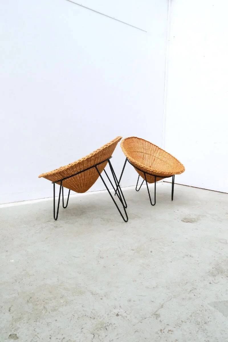 Set of 4 rattan and metal armchairs, France 1950