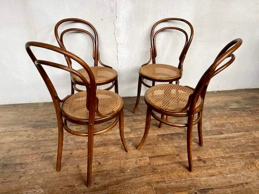 set of 4 bistro chairs in curved wood from the 1920s 1930s Canned seat