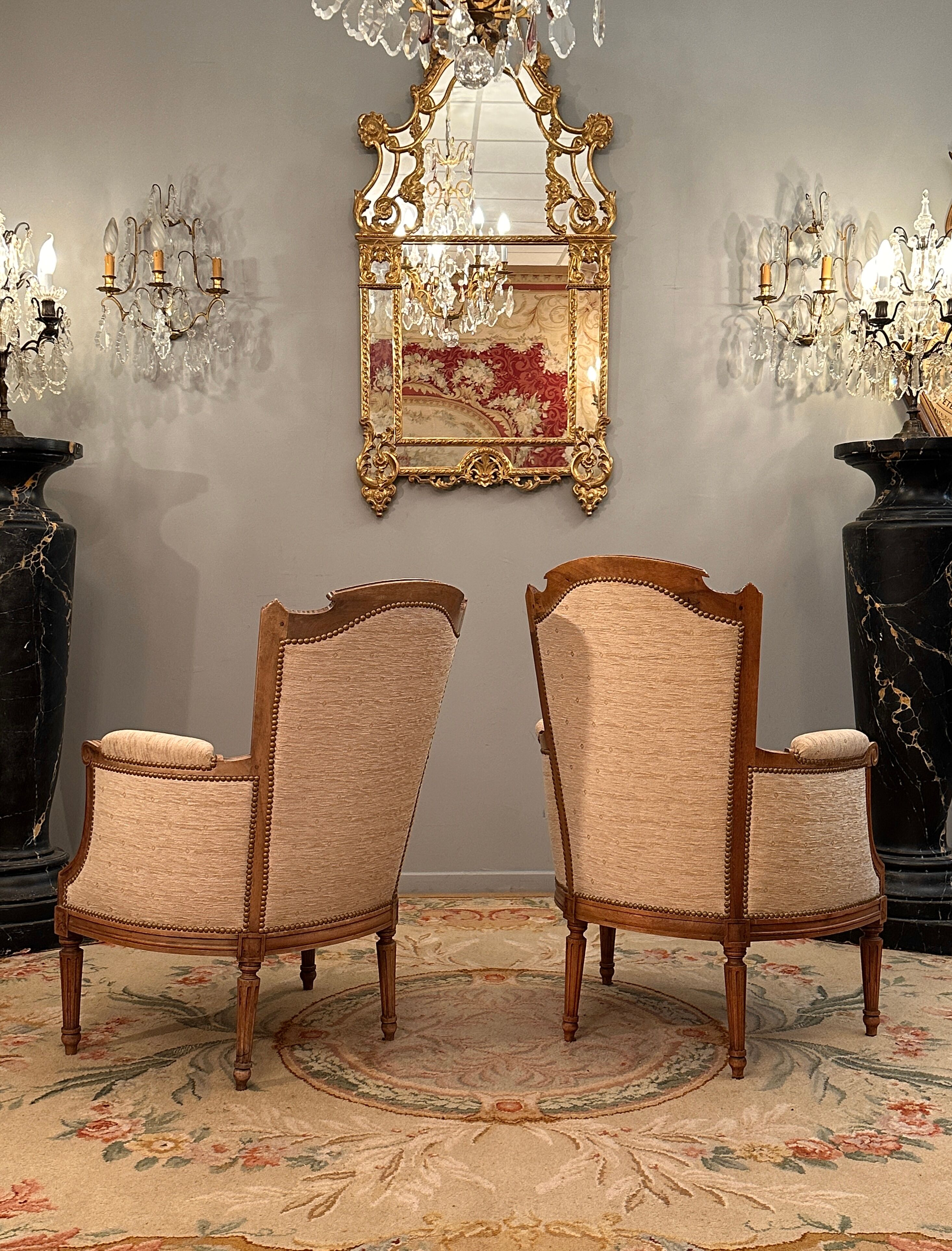 Pair of Louis XVI style walnut shepherdesses circa 1900
