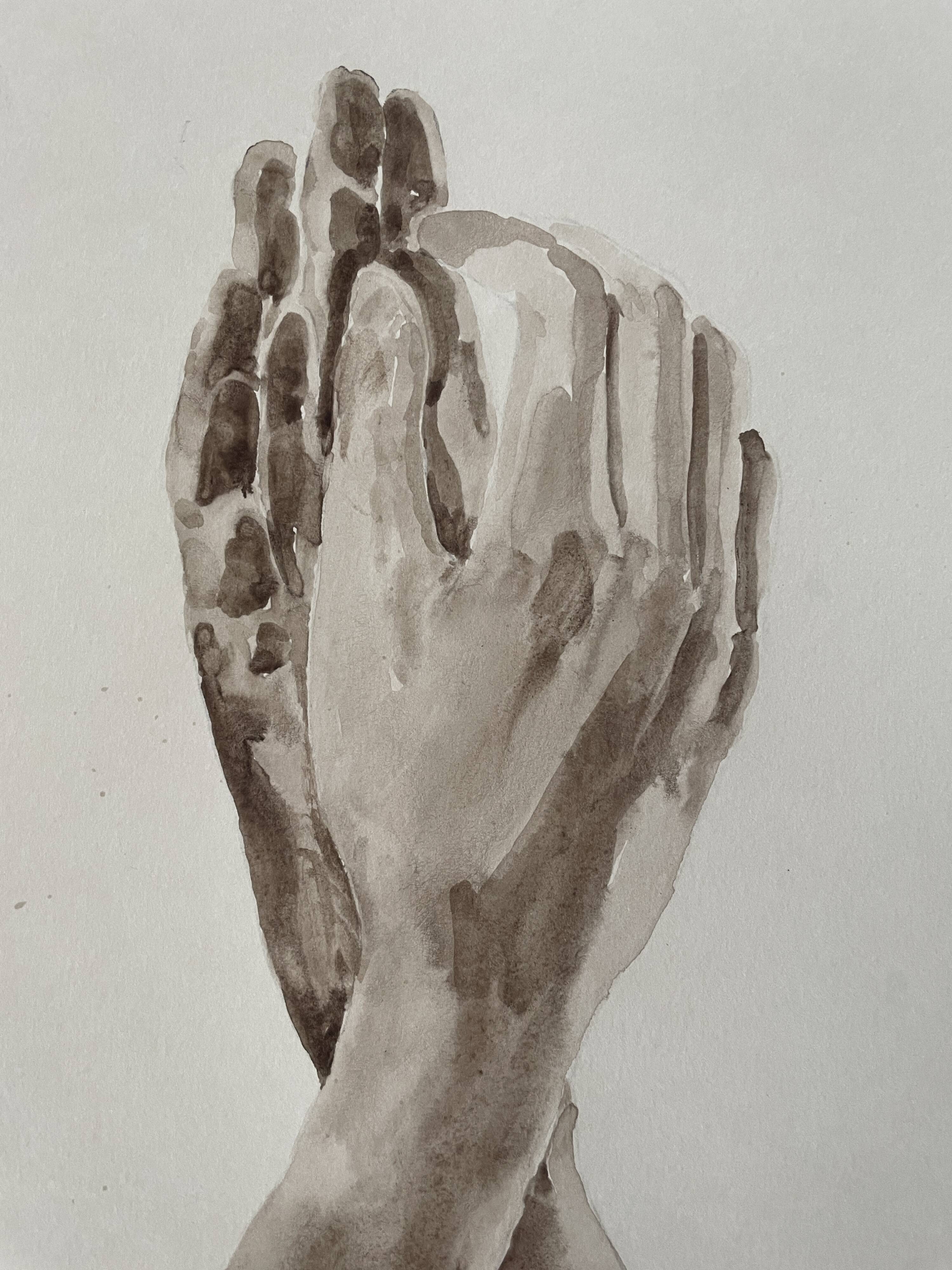 Painting signed watercolor monochrome sepia study statue “Rodin’s Cathedral”